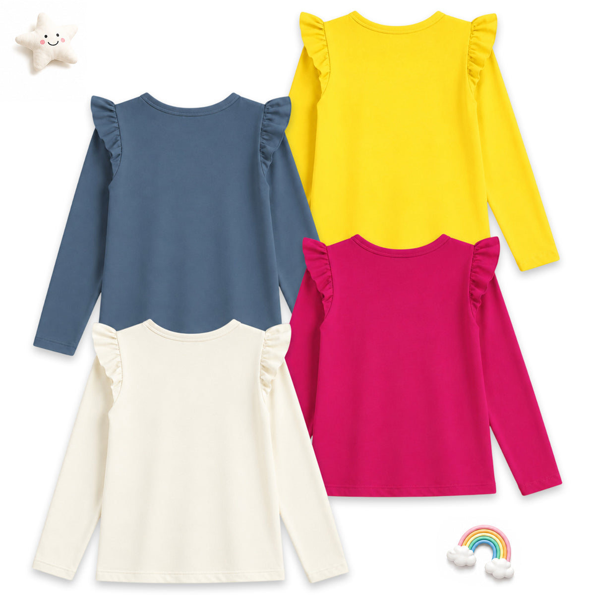 Kuchipoo Girls Cotton Printed T-Shirts | Full Sleeves with Frill Shoulders | Soft & Comfortable Casual Wear for Kids | Pack of 4