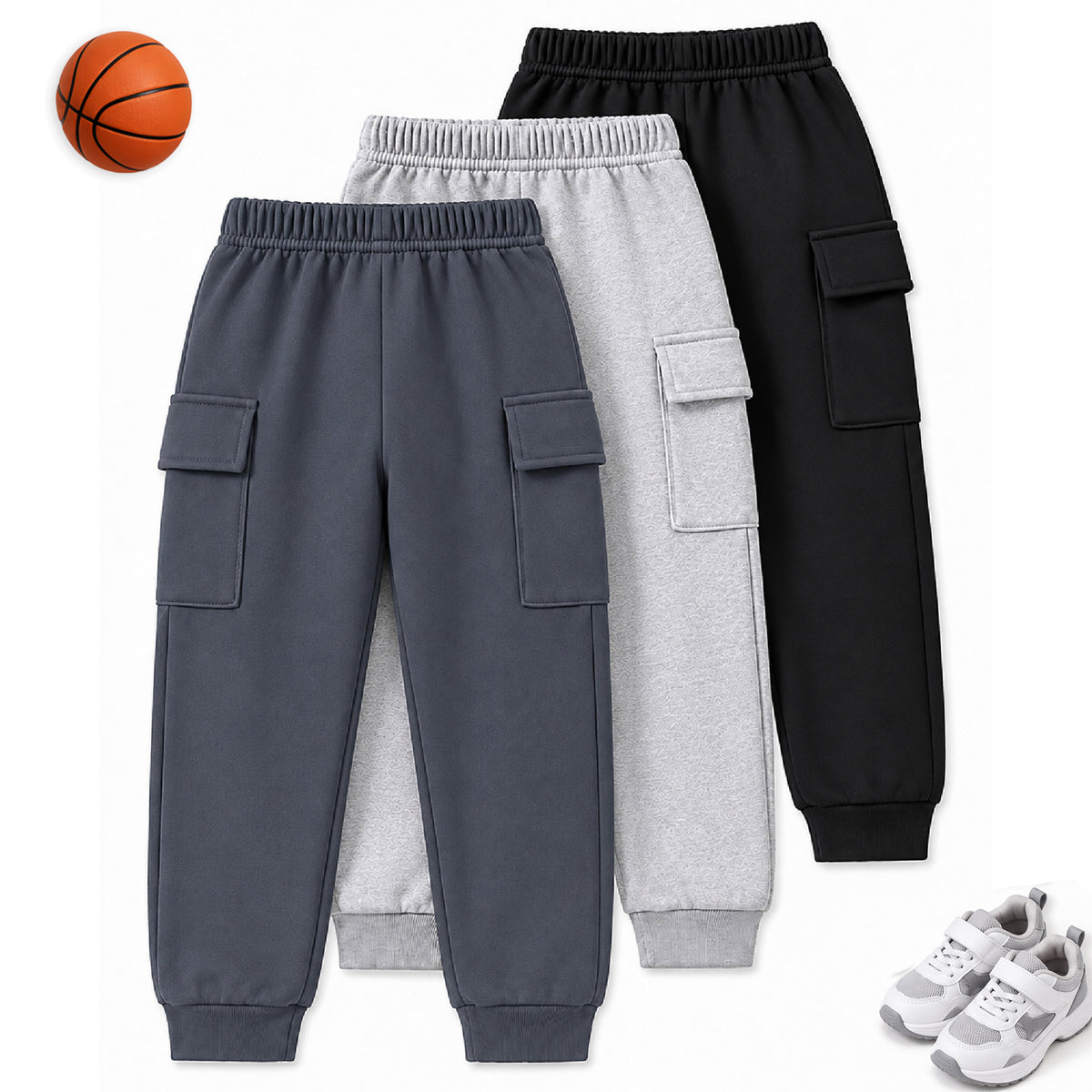 Kuchipoo Boys 4 Pocket Cargo Jogger Pants | Regular Fit Track Pants with Utility Pockets | Soft & Comfortable Casual Wear | Pack of 3