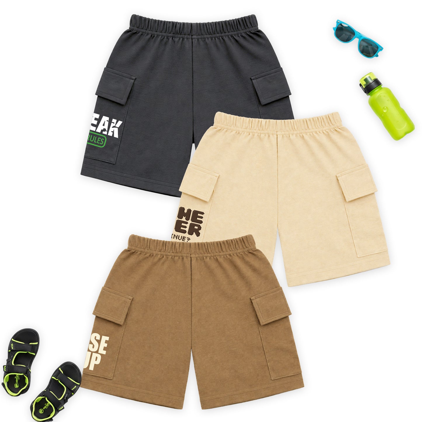Kuchipoo Boys Cotton Cargo Shorts | Elastic Waistband | Double Pocket Shorts | Summer Casual Wear for Kids | Pack of 3