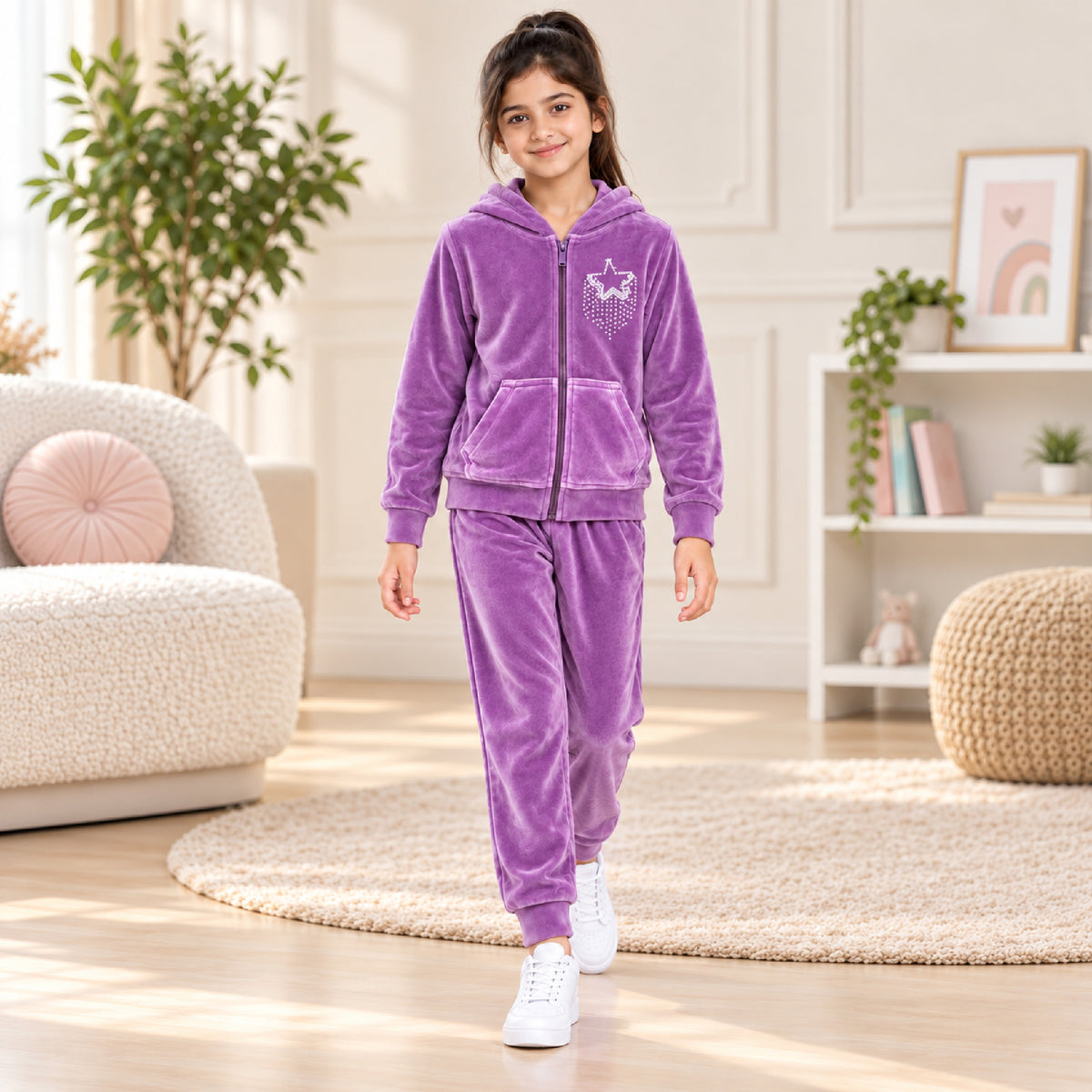 Kuchipoo Girls Velvet Zipper Hooded Sweatshirt & Jogger Set | Soft Velour Zip-Up Hoodie with Kangaroo Pockets & Pajama | Warm Full Sleeve Winterwear