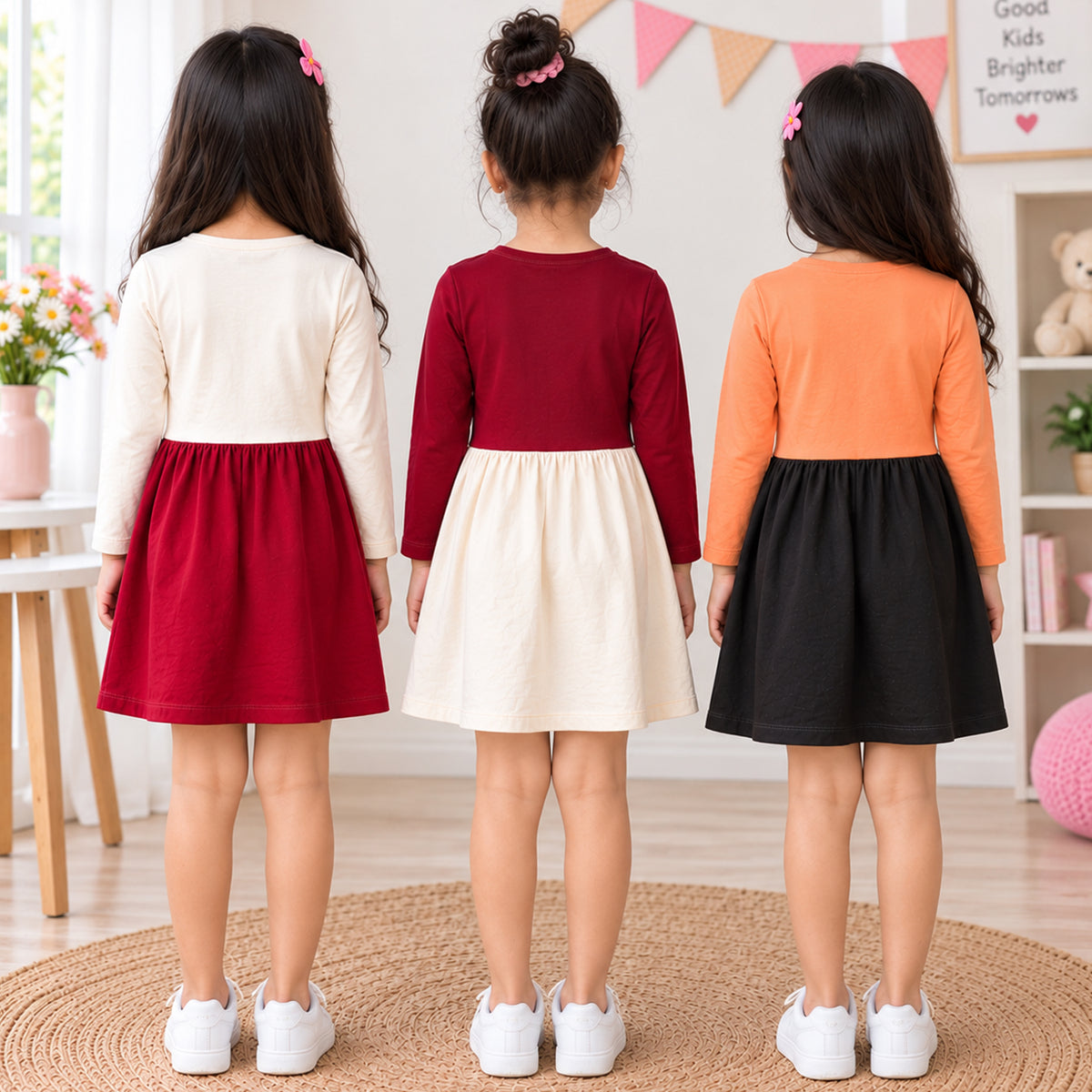 Kuchipoo Girls Cotton Printed Dresses Pack of 3 | Full Sleeve Round Neck Casual Frocks | Soft & Comfortable Everyday Wear for Kids
