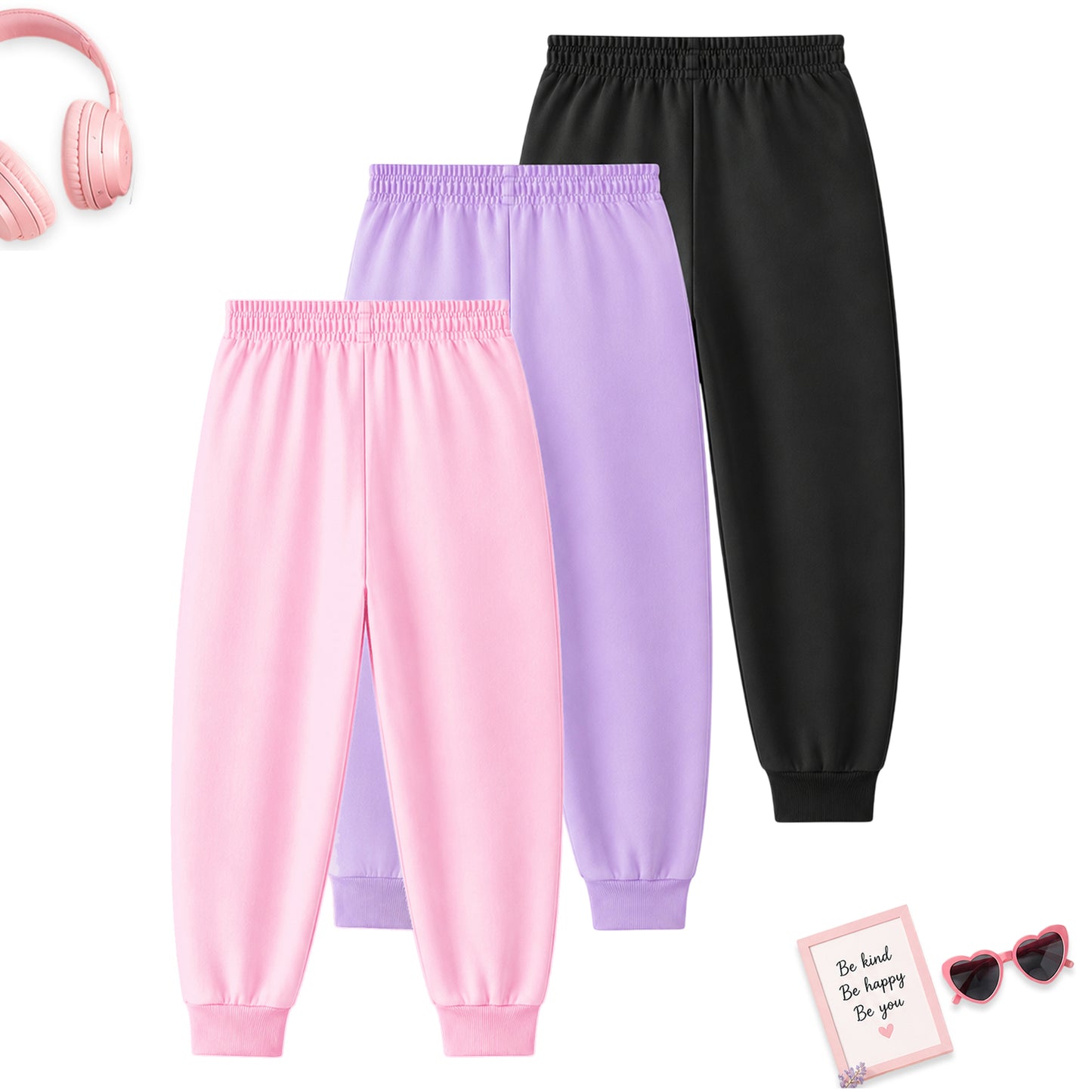 Kuchipoo Girls Cotton Jogger Pants with Elastic Waist & Drawstring – Soft & Comfortable Track Pants for Kids – Pack of 3