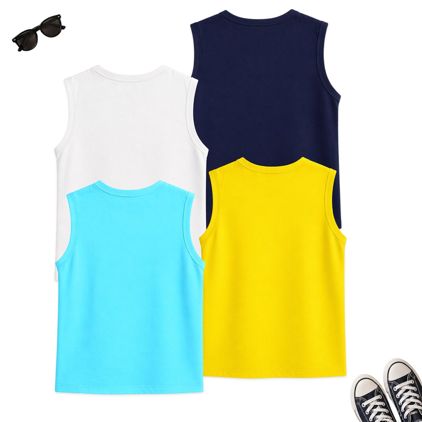 Kuchipoo Boys Sleeveless Cotton Tshirts | Printed Round Neck Kids Tshirts for Summer Wear | Pack of 4