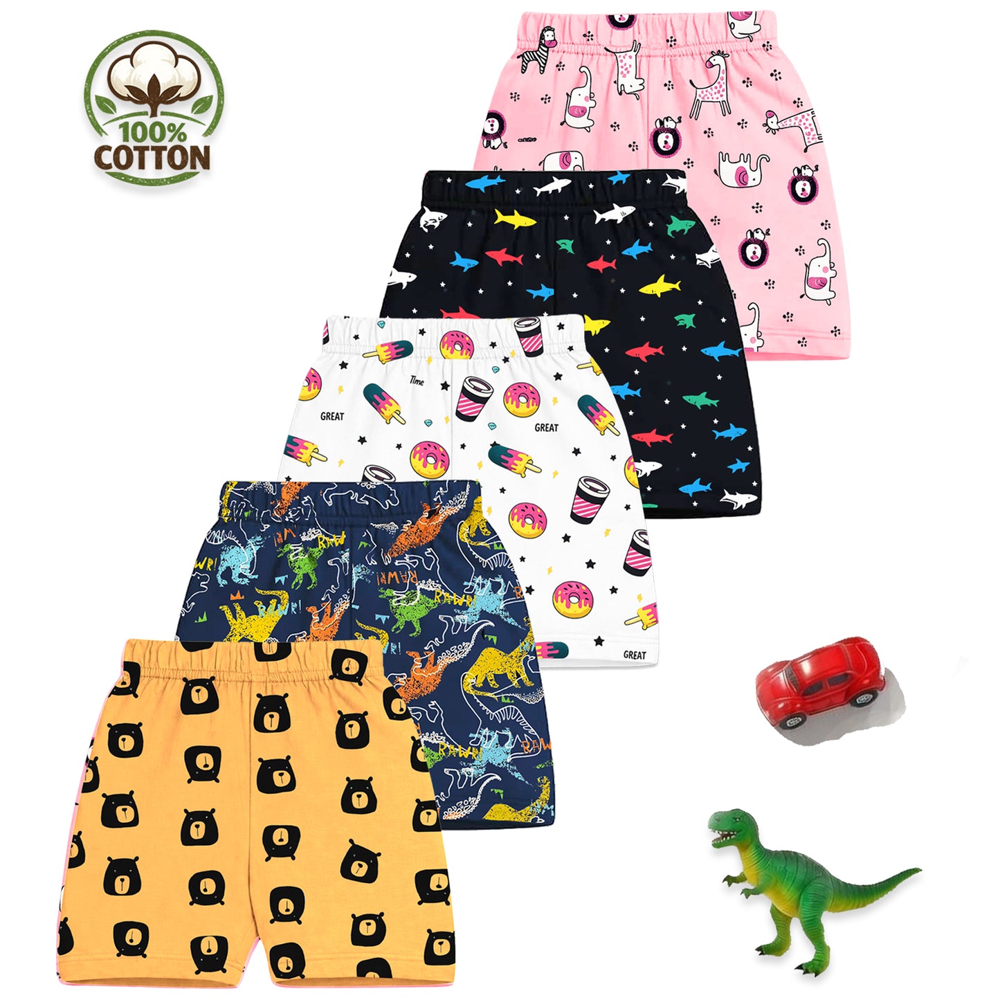 Kuchipoo Girls 100% Cotton Printed Shorts | Elastic Waist | Summer Wear Shorts for Kids | Pack of 5