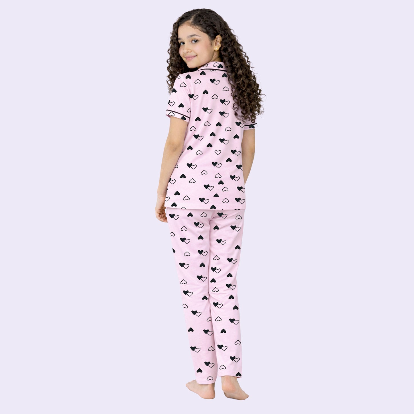 Kuchipoo Girls 100% Cotton Night Suit Set | Soft & Breathable Printed Pyjama Set | Half Sleeve Button Down Sleepwear for Girls