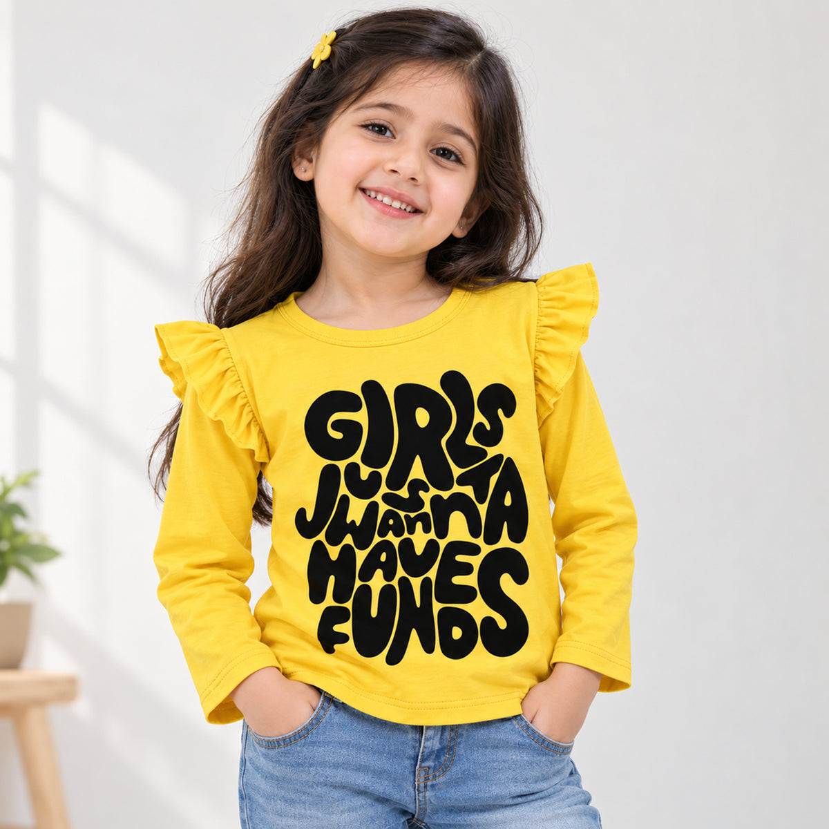 Kuchipoo Girls Cotton Printed T-Shirts | Full Sleeves with Frill Shoulders | Soft & Comfortable Casual Wear for Kids | Pack of 4