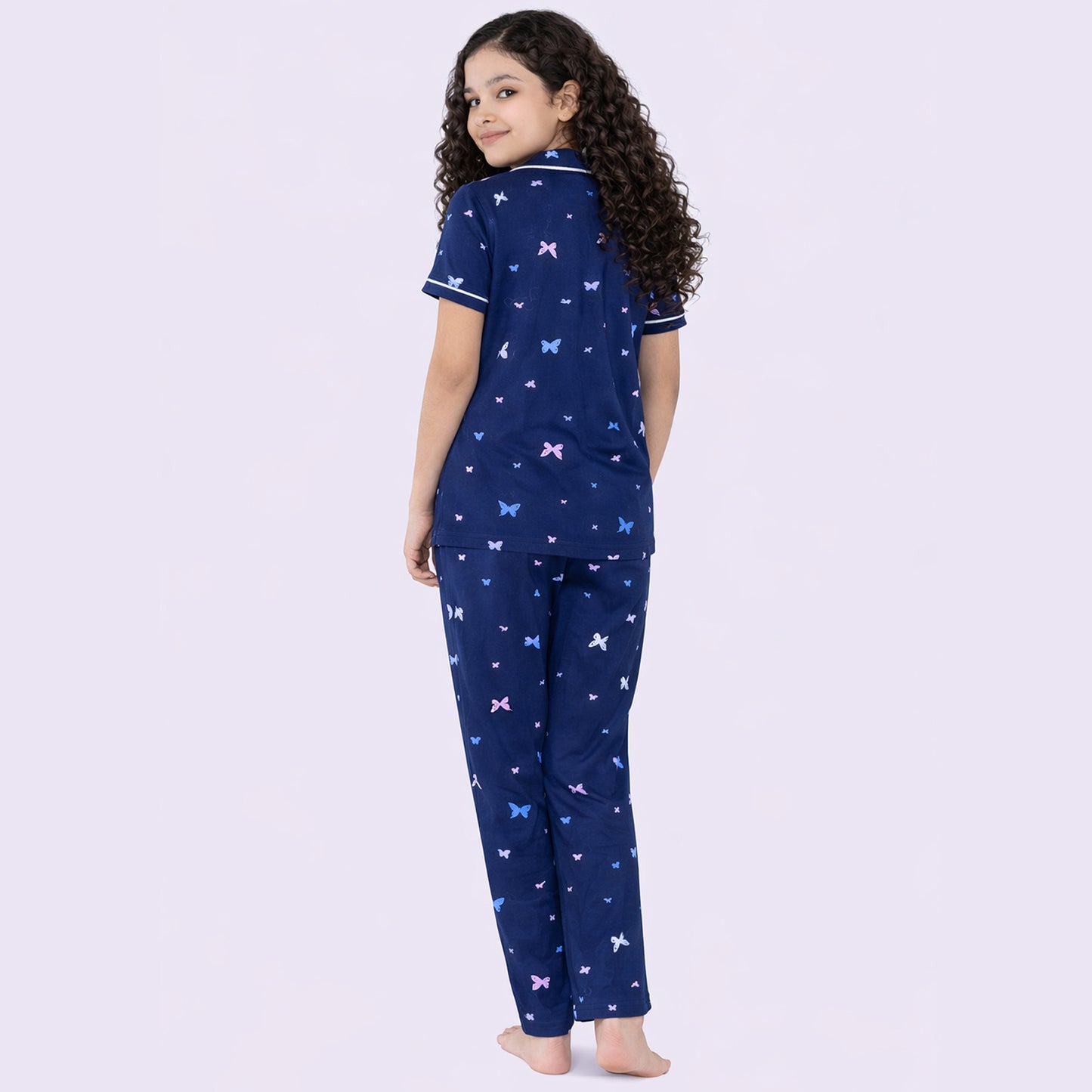 Kuchipoo Girls 100% Cotton Night Suit Set | Soft & Breathable Printed Pyjama Set | Half Sleeve Button Down Sleepwear for Girls