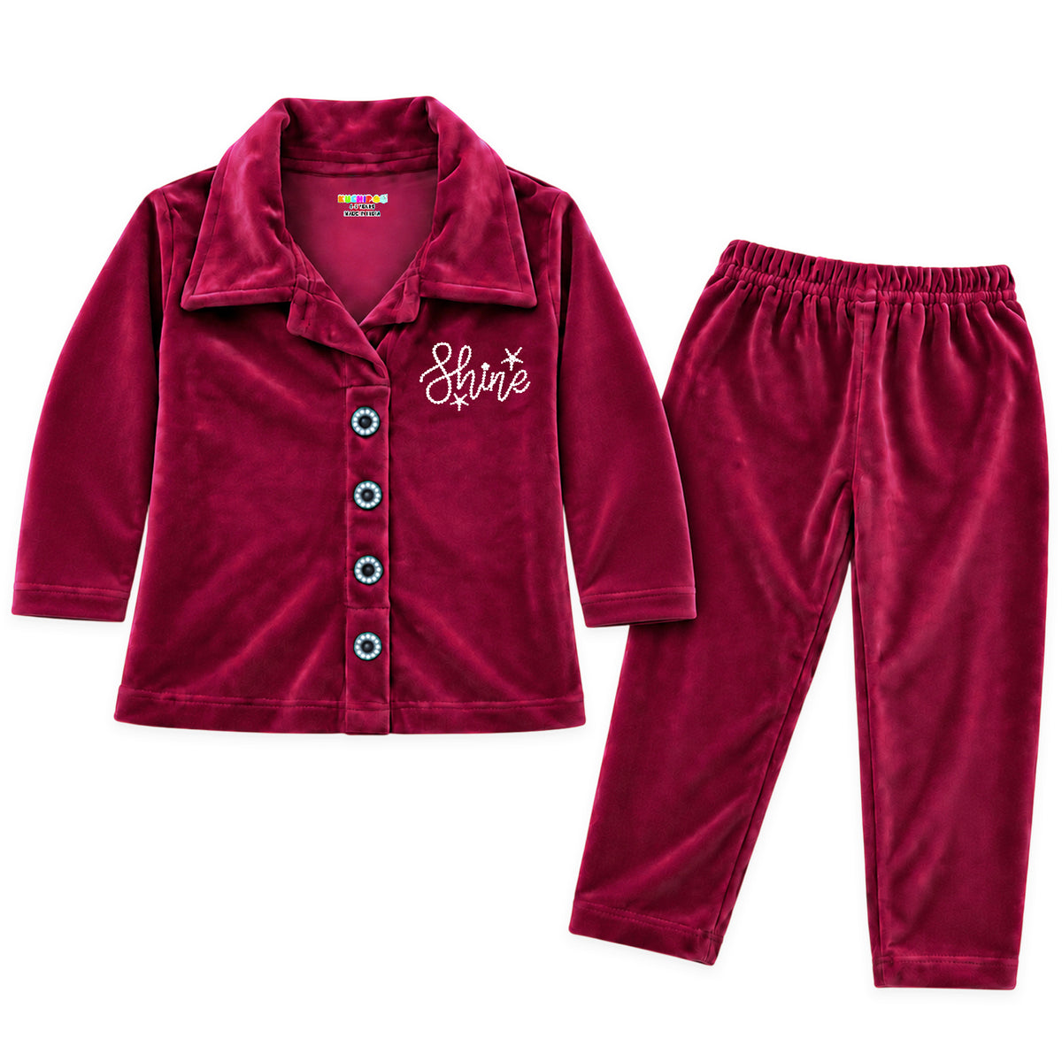 Kuchipoo Girls Velvet Co-Ord Set | Full Sleeve Button Style Round Neck Top with Matching Track Pants | Soft & Comfortable Winter Outfit Set for Kids