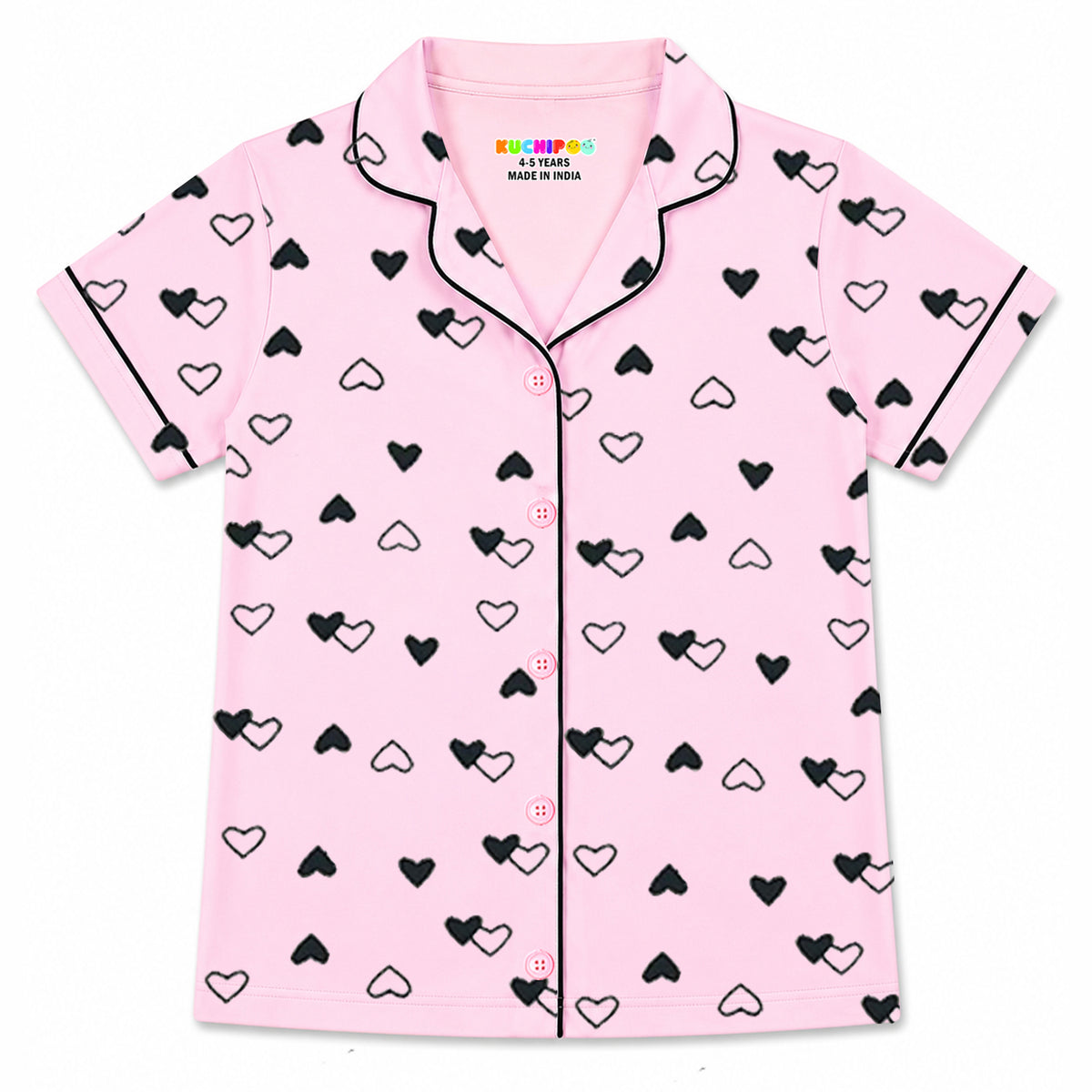 Kuchipoo Girls 100% Cotton Night Suit Set | Soft & Breathable Printed Pyjama Set | Half Sleeve Button Down Sleepwear for Girls