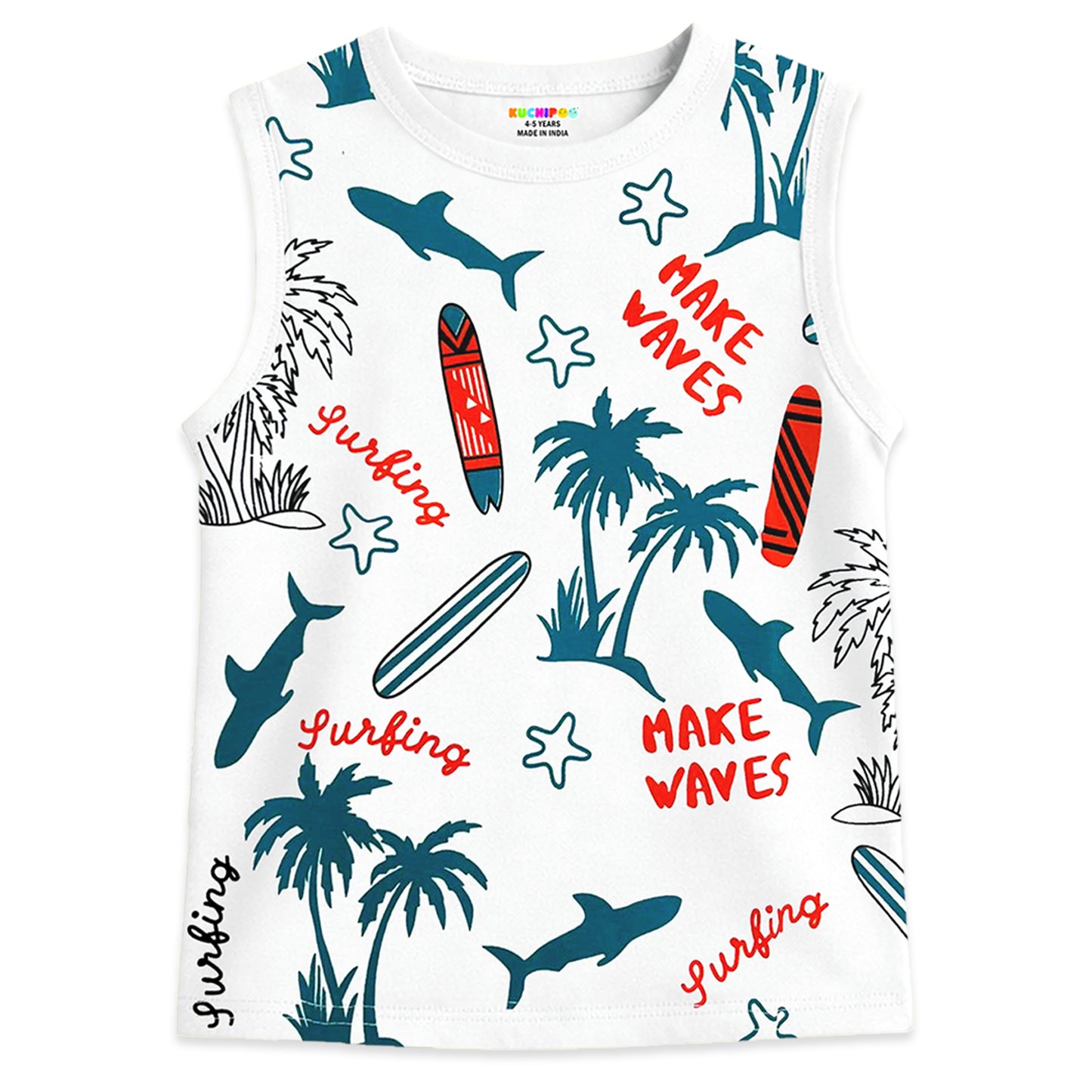 Kuchipoo Boys Sleeveless Cotton Tshirts | Printed Round Neck Kids Tshirts for Summer Wear | Pack of 3