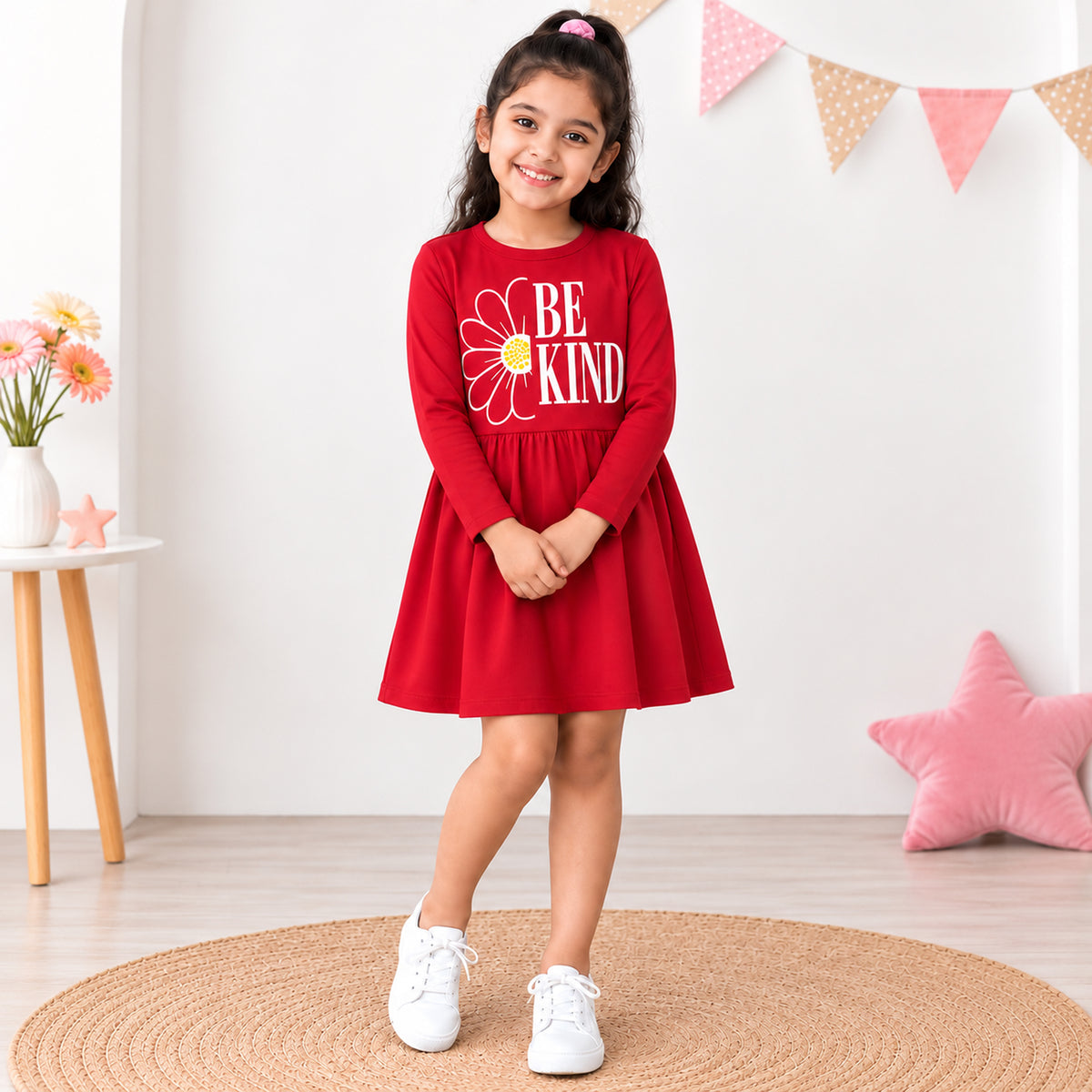 Kuchipoo Girls Cotton Printed Dresses Pack of 3 | Full Sleeve Round Neck Casual Frocks | Soft & Comfortable Everyday Wear for Kids