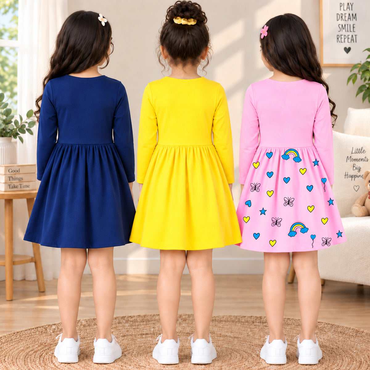 Kuchipoo Girls Cotton Printed Dresses Pack of 3 | Full Sleeve Round Neck Casual Frocks | Soft & Comfortable Everyday Wear for Kids (Copy)