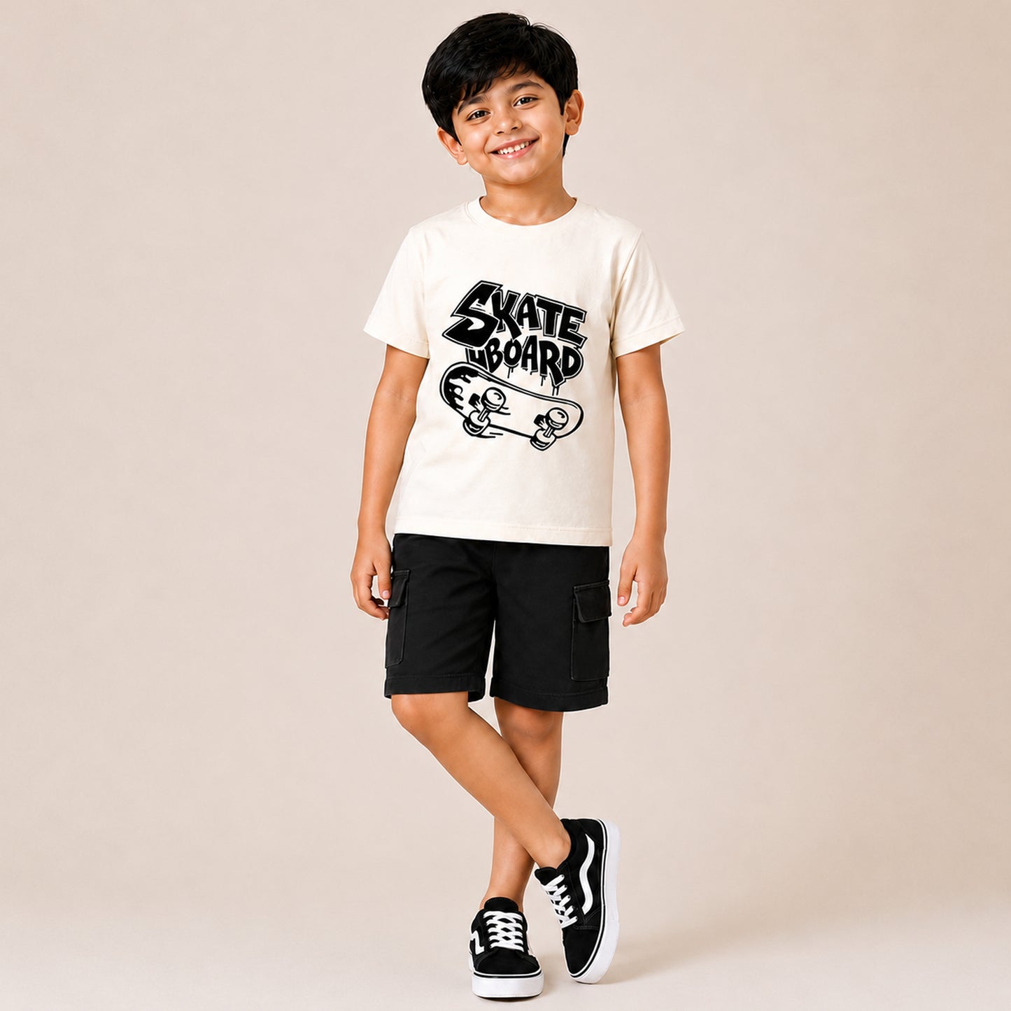 Kuchipoo Boys Cotton Half Sleeve T-Shirt & Cargo Shorts Set | Trendy Graphic Print Summer Wear | Soft & Breathable Kids Clothing Combo with Cargo Pockets | Pack of 2