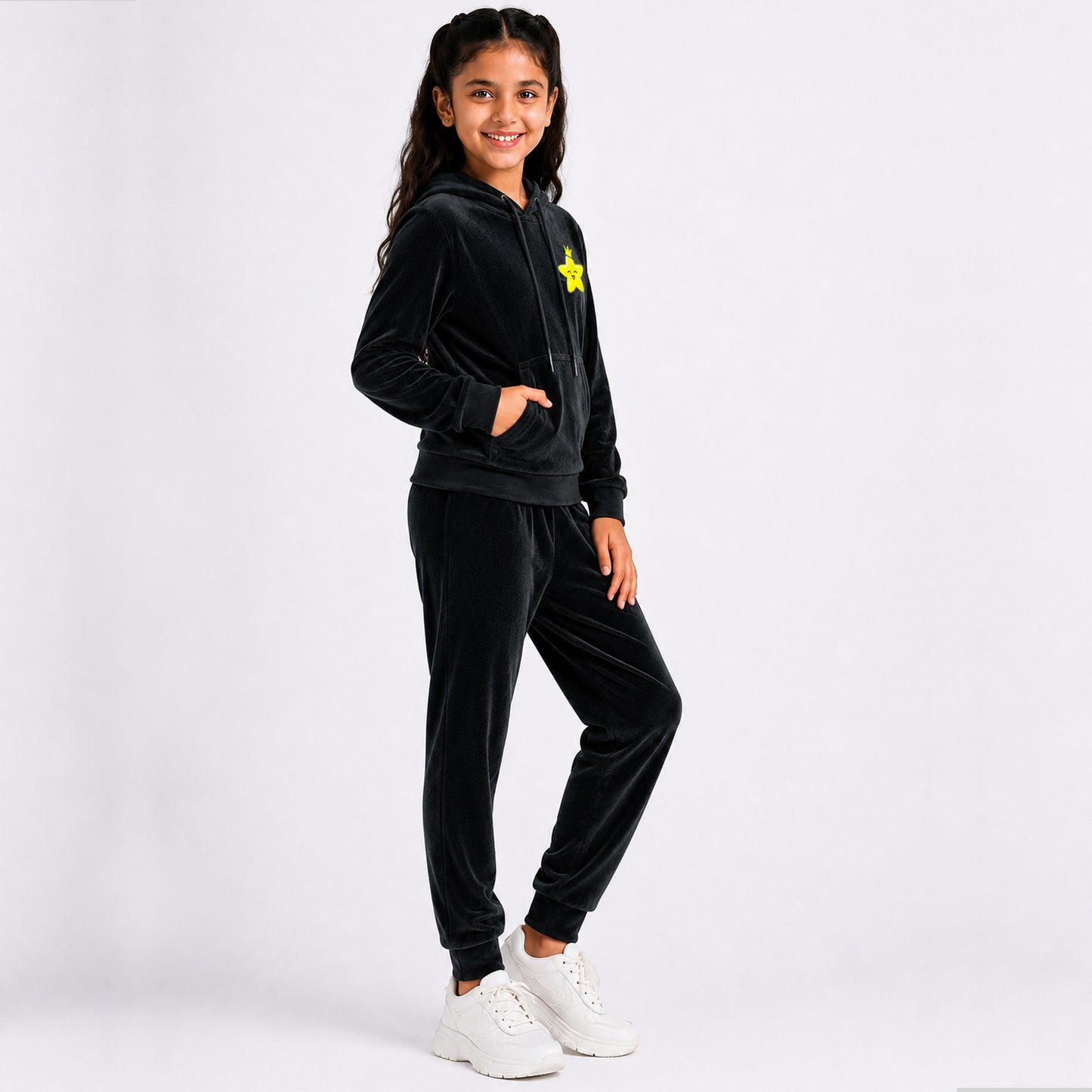 Kuchipoo Girls Velvet Hooded Sweatshirt & Jogger Set | Soft Velour Hoodie with Kangaroo Pocket & Pajama | Warm Full Sleeve Winterwear