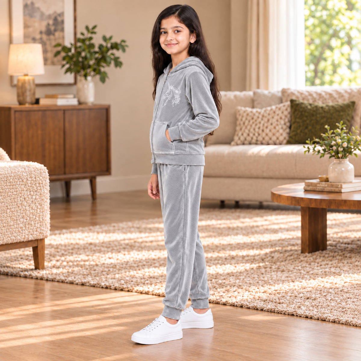 Kuchipoo Girls Velvet Zipper Hooded Sweatshirt & Jogger Set | Soft Velour Zip-Up Hoodie with Kangaroo Pockets & Pajama | Warm Full Sleeve Winterwear