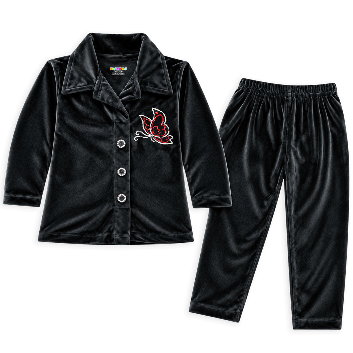 Kuchipoo Girls Velvet Co-Ord Set | Full Sleeve Button Style Round Neck Top with Matching Track Pants | Soft & Comfortable Winter Outfit Set for Kids