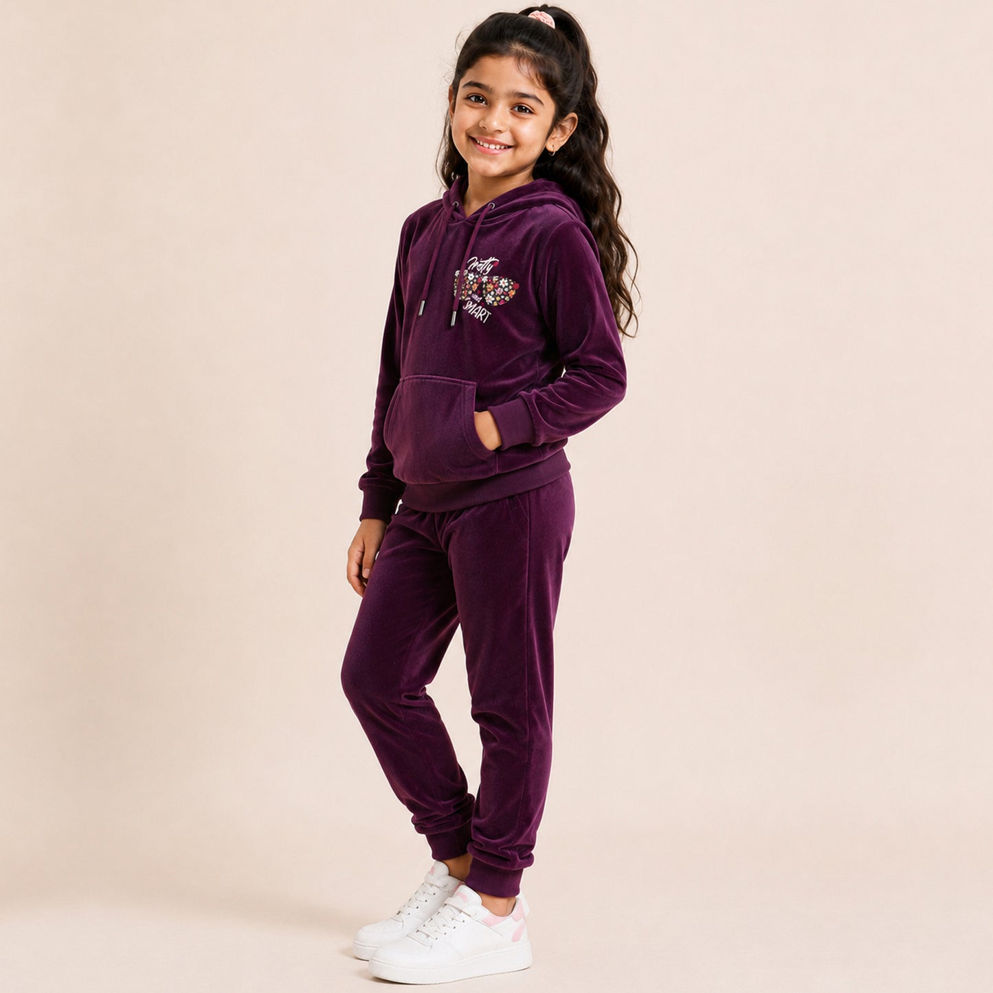 Kuchipoo Girls Velvet Hooded Top with Front Pocket and Pajama Set| Full Sleeve Winter Set | Warm & Soft Winterwear for Girls