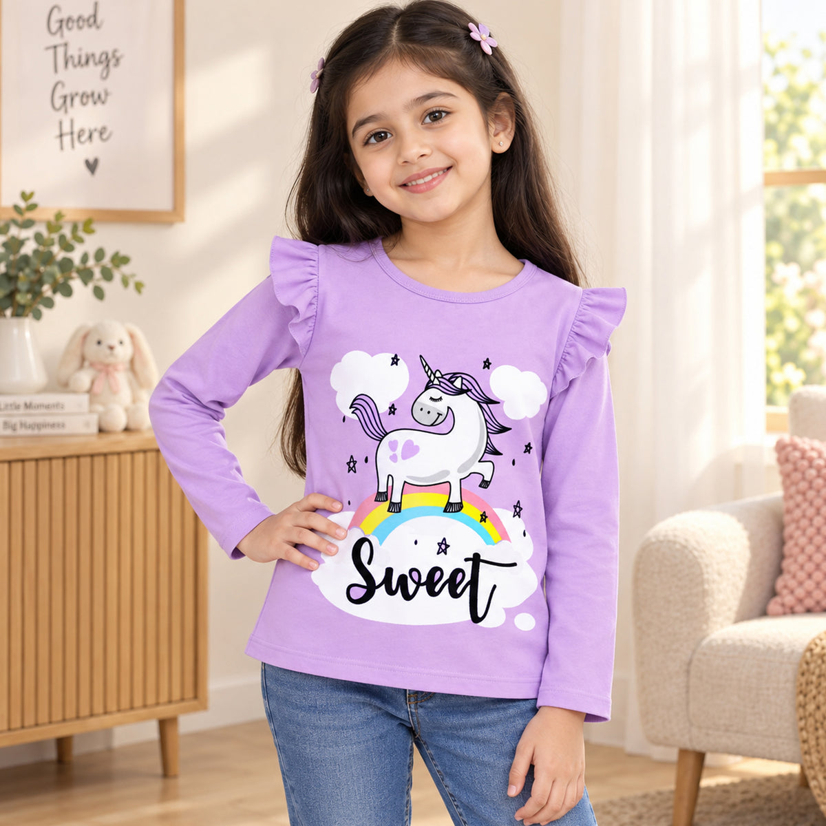 Kuchipoo Girls Cotton Printed T-Shirts | Full Sleeves with Frill Shoulders | Soft & Comfortable Casual Wear for Kids | Pack of 4