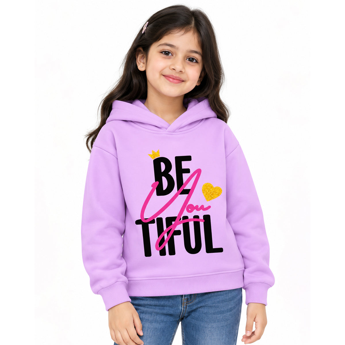 Kuchipoo Girls Printed Hooded Sweatshirt | Full Sleeve Pullover Hoodie with Ribbed Cuffs | Warm & Comfortable Casual Winter Wear for Kids