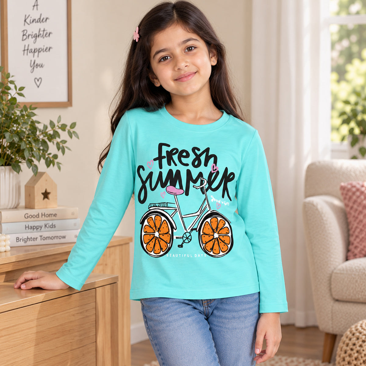 Kuchipoo Girls Cotton Printed T-Shirts | Full Sleeve Round Neck | Soft & Comfortable Casual Wear for Kids | Pack of 5