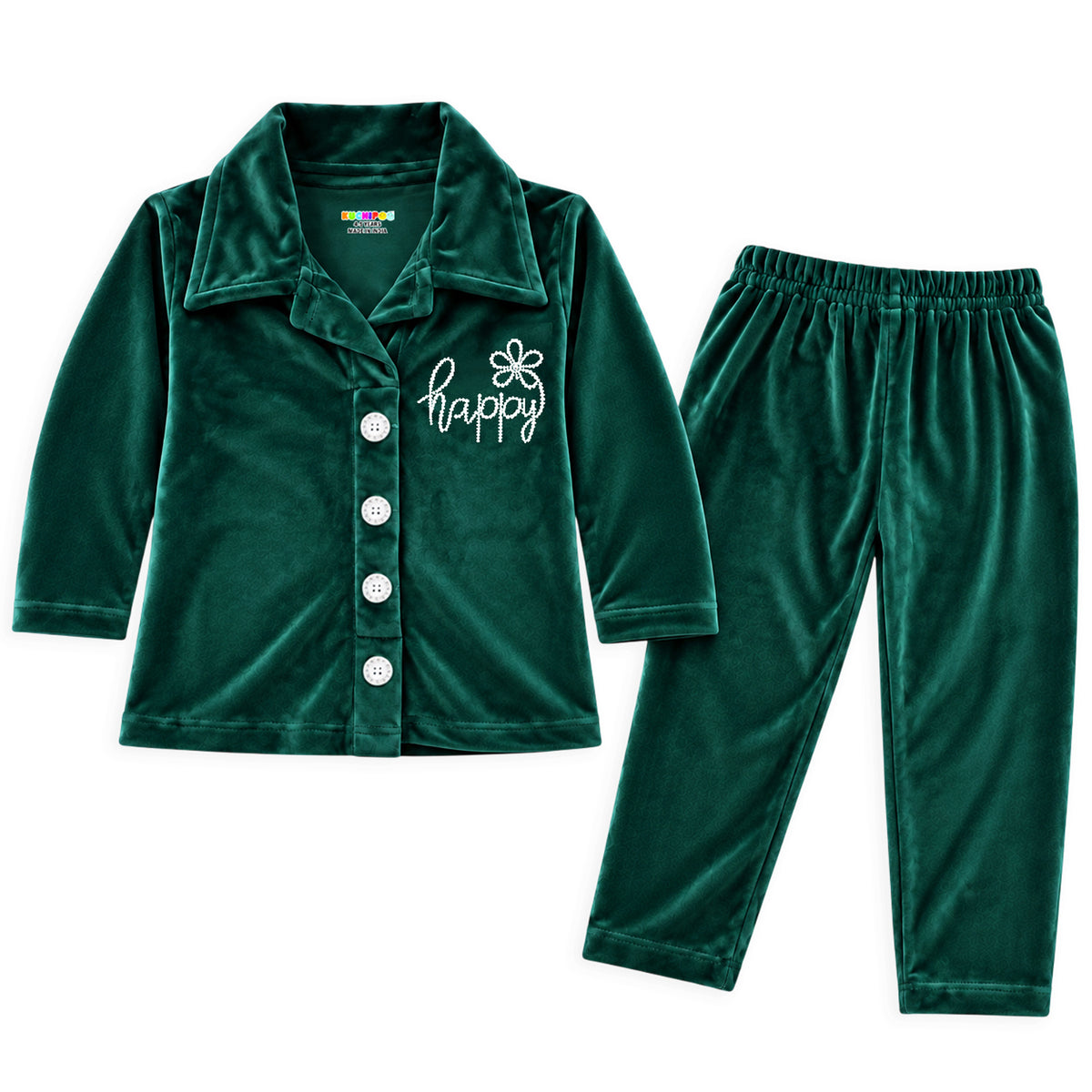 Kuchipoo Girls Velvet Co-Ord Set | Full Sleeve Button Style Round Neck Top with Matching Track Pants | Soft & Comfortable Winter Outfit Set for Kids