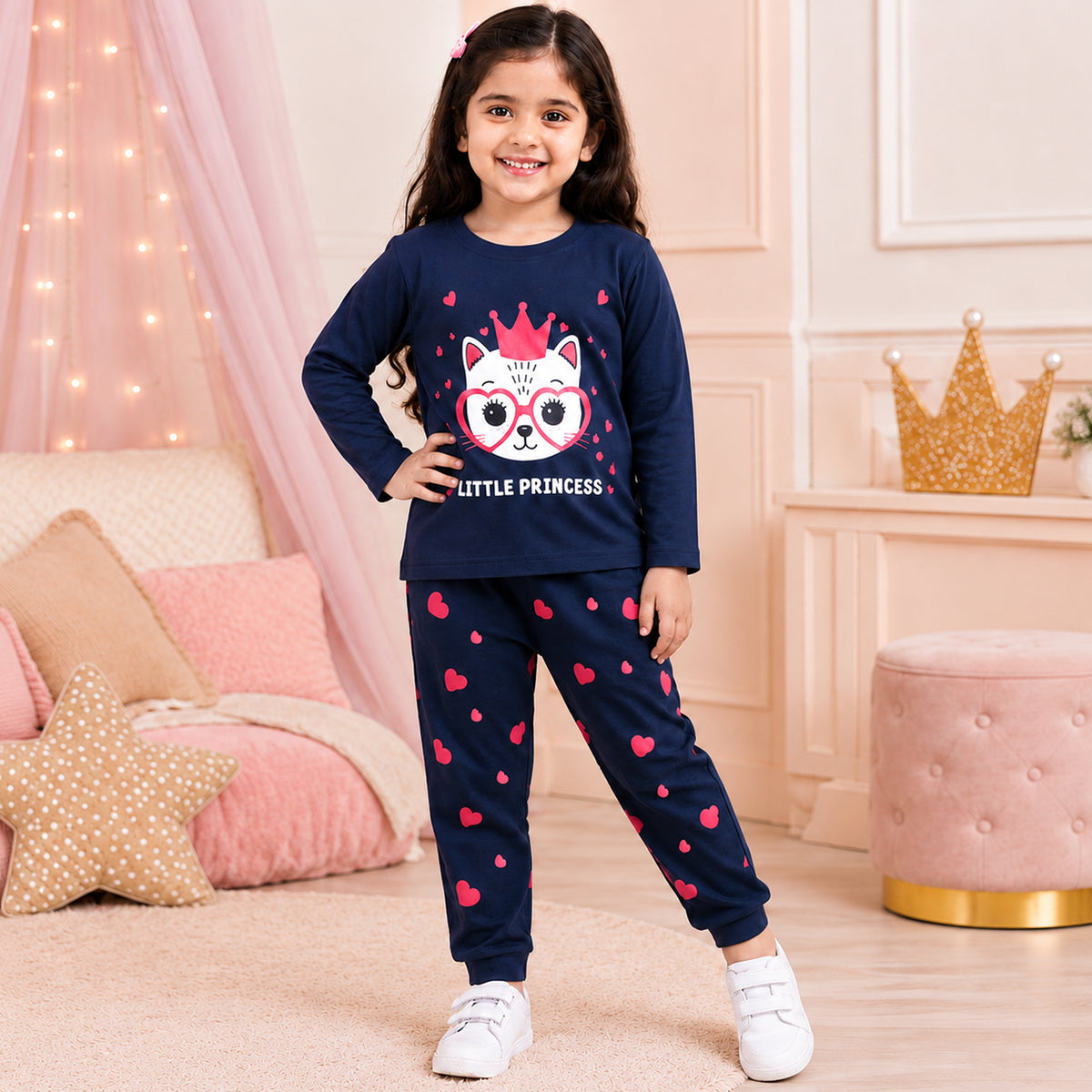 Kuchipoo Girls Regular Fit Cotton T-Shirts and Pyjamas Clothing Set-Pack of 2