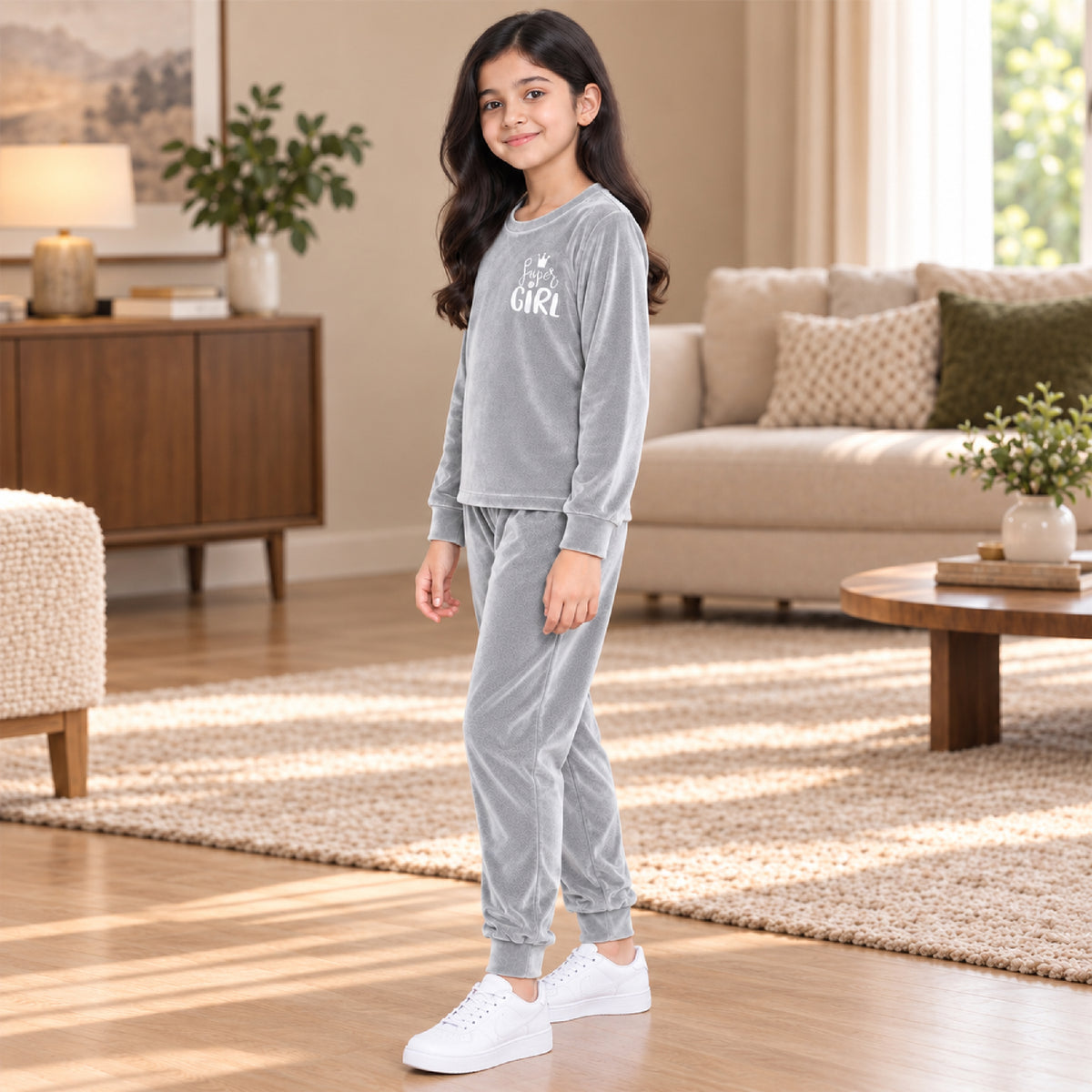 Kuchipoo Girls Velvet Sweatshirt & Jogger Set | Soft Velour Round Neck Full Sleeve Top & Pajama | Warm Winterwear