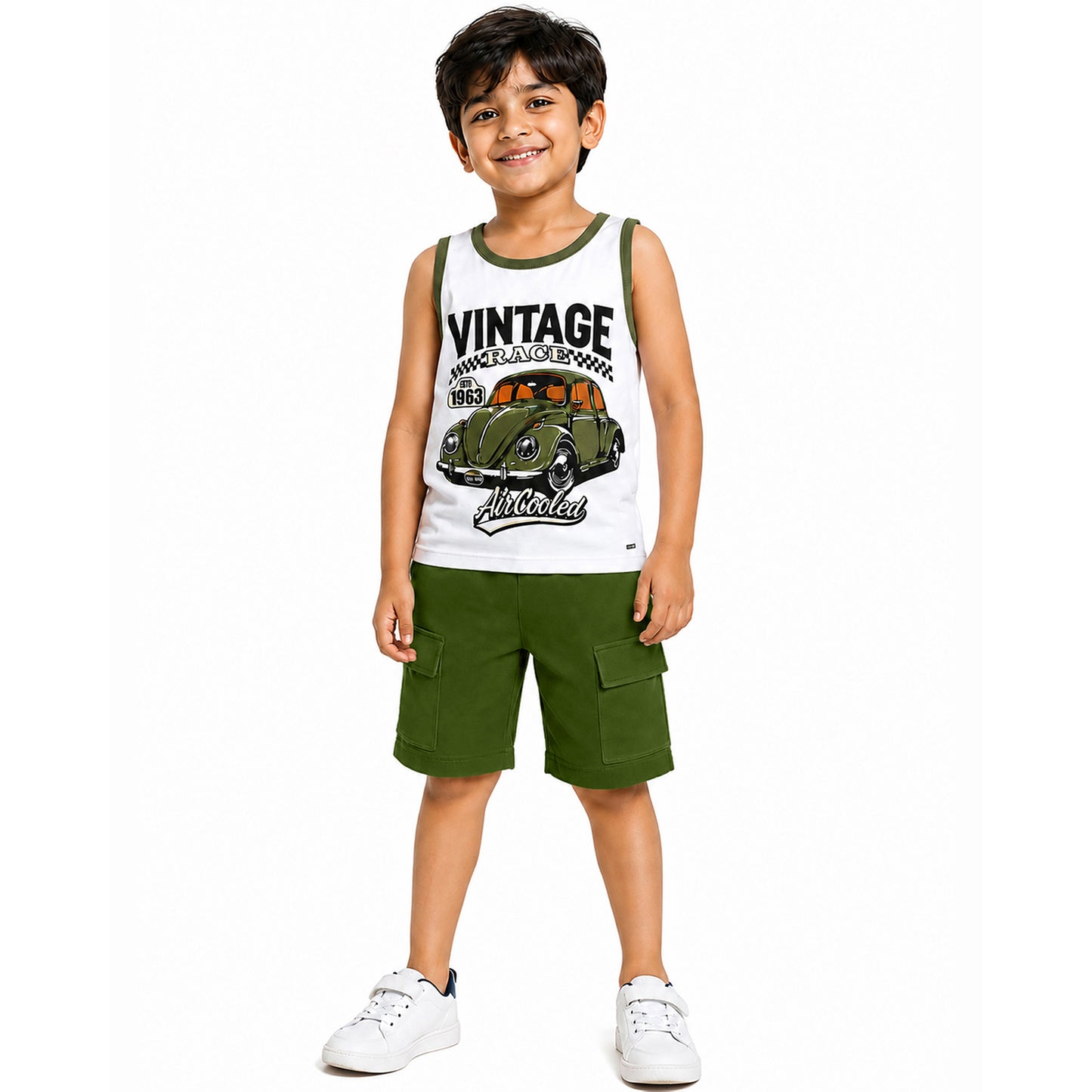 Kuchipoo Boys Cotton Sleeveless T-Shirt & Cargo Shorts Set | Trendy Graphic Print Summer Wear | Soft & Breathable Kids Clothing Combo with Cargo Pockets | Pack of 2