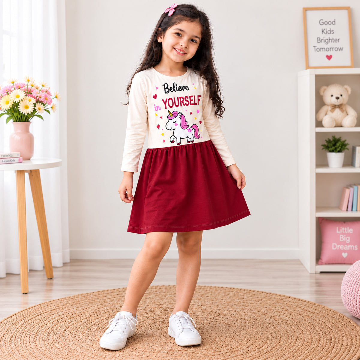 Kuchipoo Girls Cotton Printed Dresses Pack of 3 | Full Sleeve Round Neck Casual Frocks | Soft & Comfortable Everyday Wear for Kids