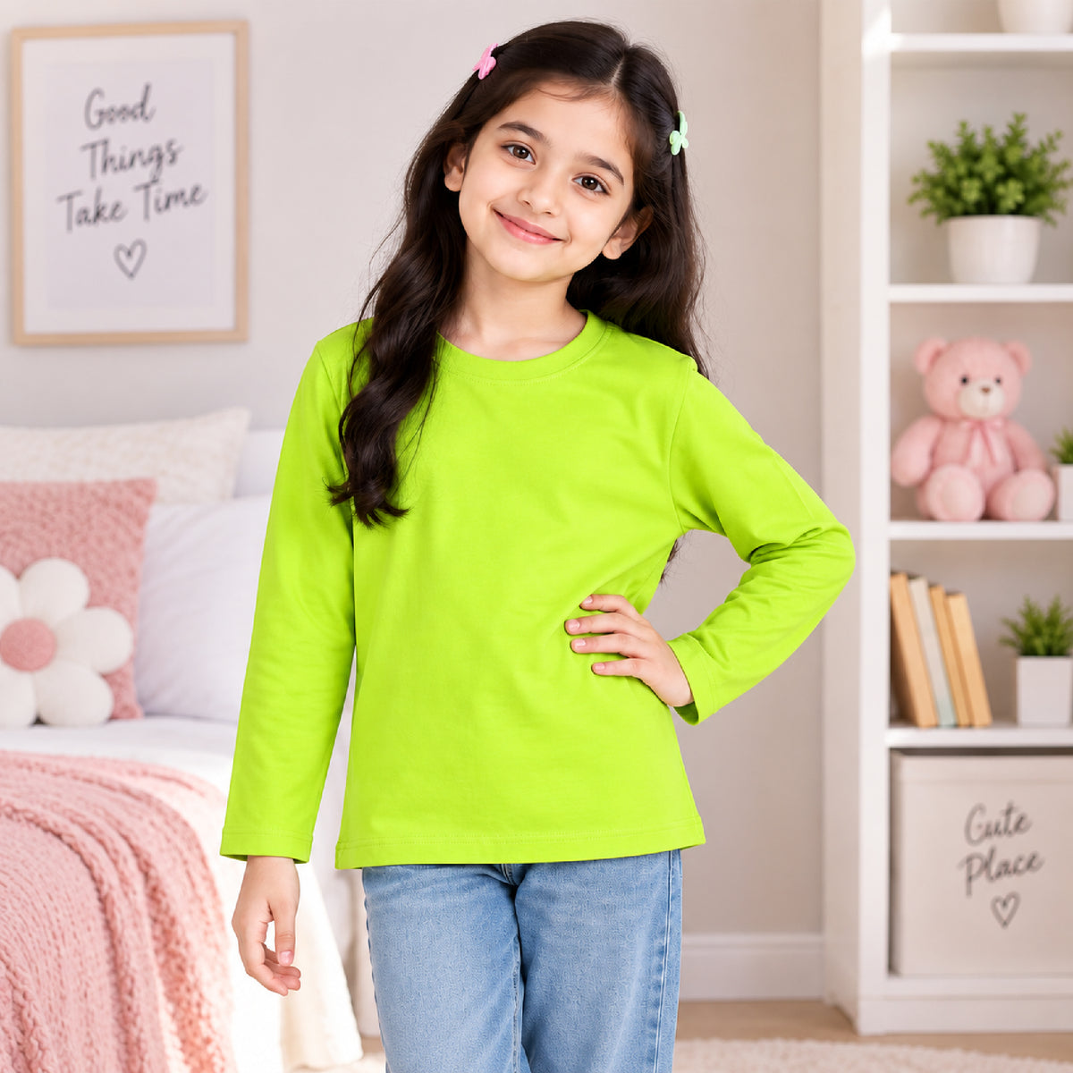 Kuchipoo Girls Cotton Solid T-Shirts | Full Sleeve Round Neck | Soft & Comfortable Casual Wear for Kids | Pack of 5