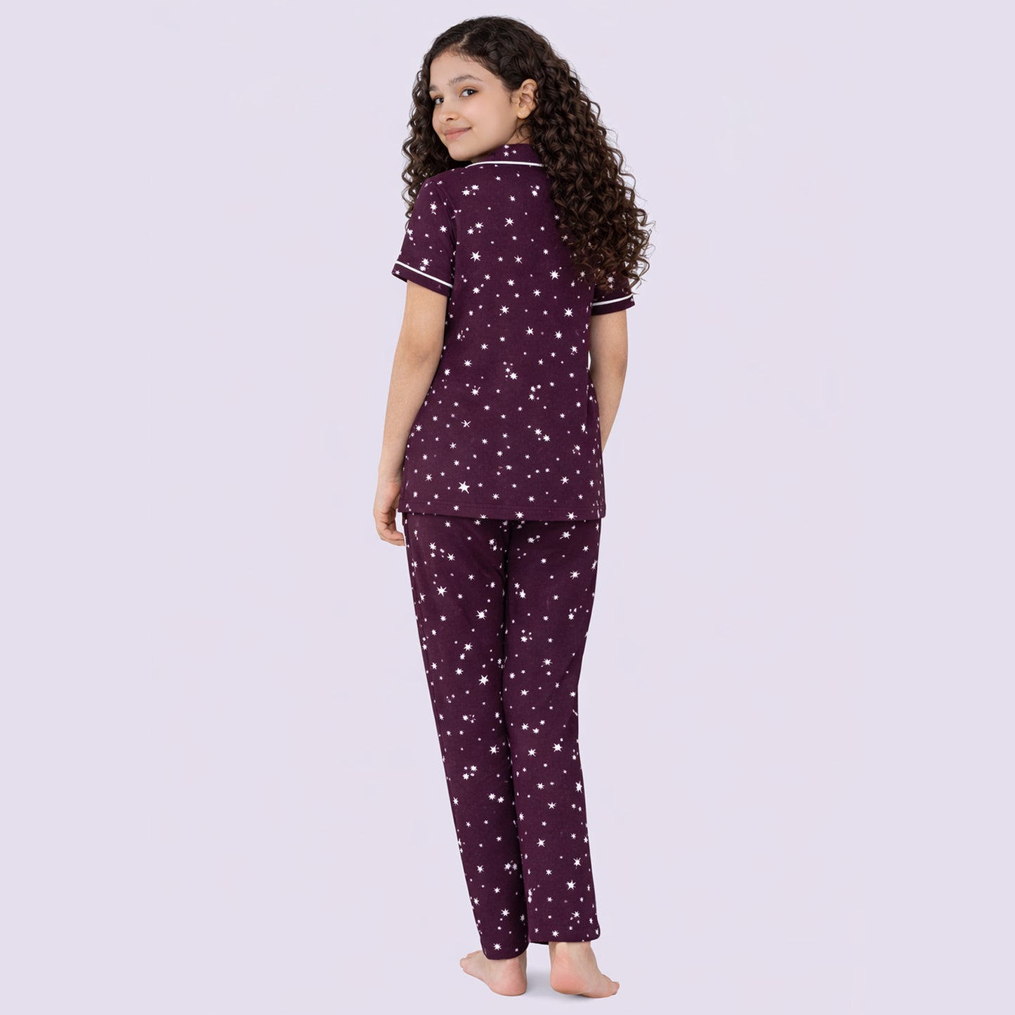 Kuchipoo Girls 100% Cotton Night Suit Set | Soft & Breathable Printed Pyjama Set | Half Sleeve Button Down Sleepwear for Girls