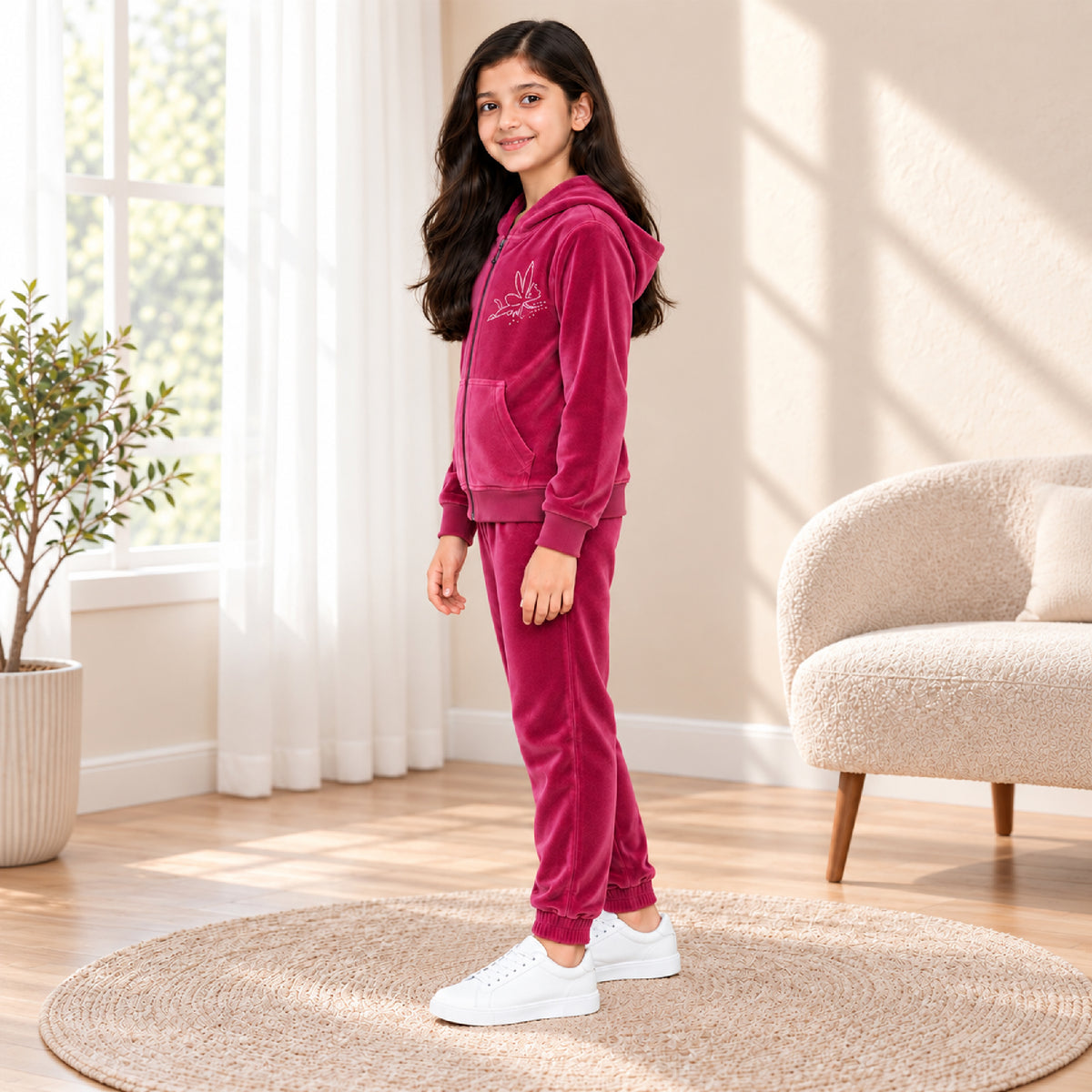 Kuchipoo Girls Velvet Zipper Hooded Sweatshirt & Jogger Set | Soft Velour Zip-Up Hoodie with Kangaroo Pockets & Pajama | Warm Full Sleeve Winterwear