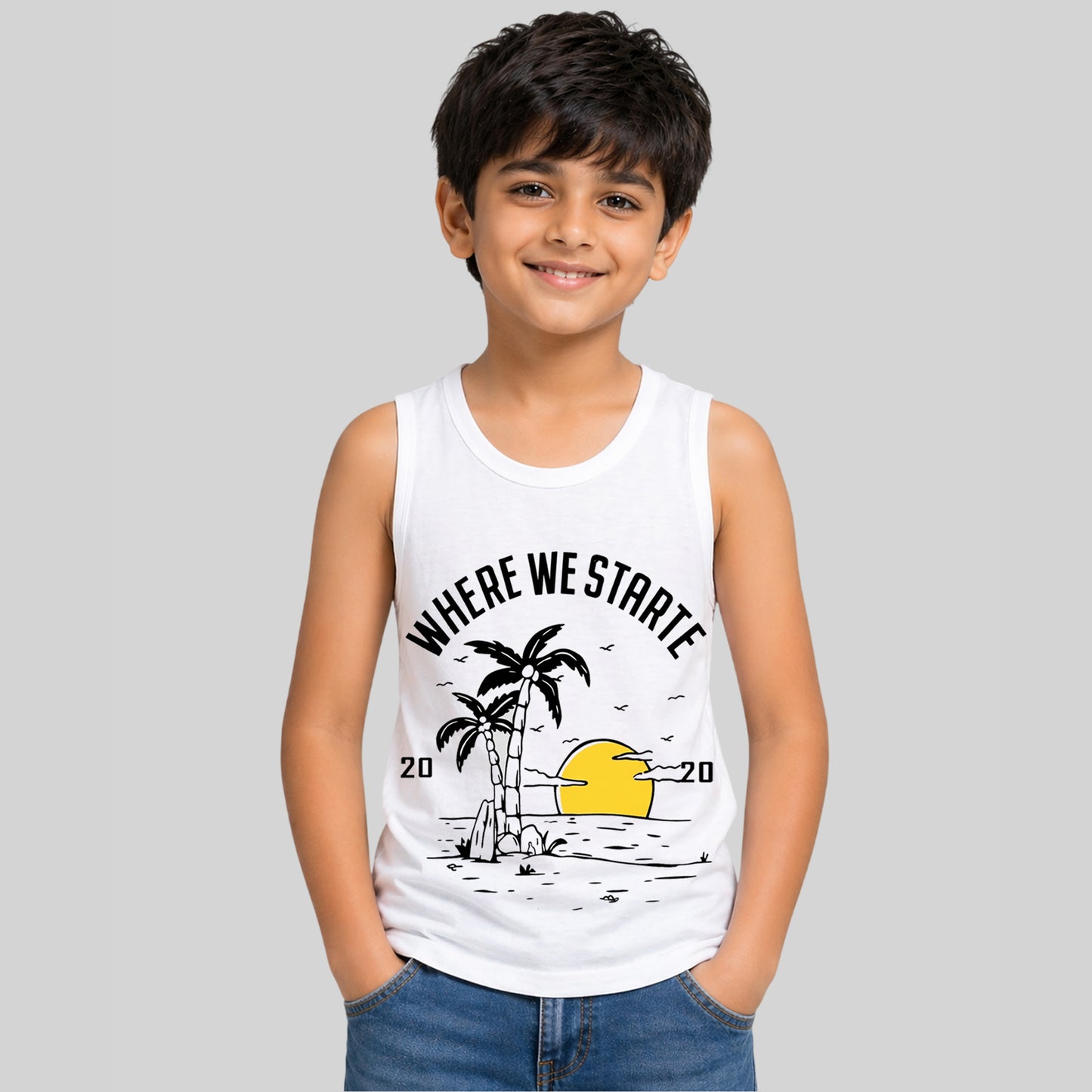 Kuchipoo Boys Sleeveless Cotton T-Shirt | Cute Graphic Print | Soft & Breathable Fabric | Round Neck Summer Top | Casual for Kids | Pack of 5