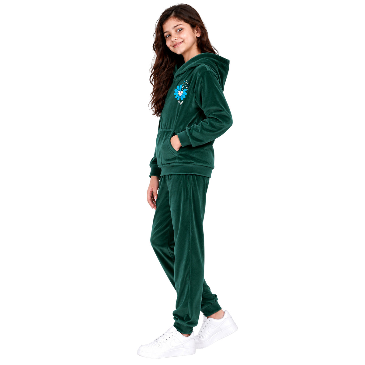 Kuchipoo Girls Velvet Hooded Sweatshirt & Jogger Set | Soft Velour Hoodie with Kangaroo Pocket & Pajama | Warm Full Sleeve Winterwear