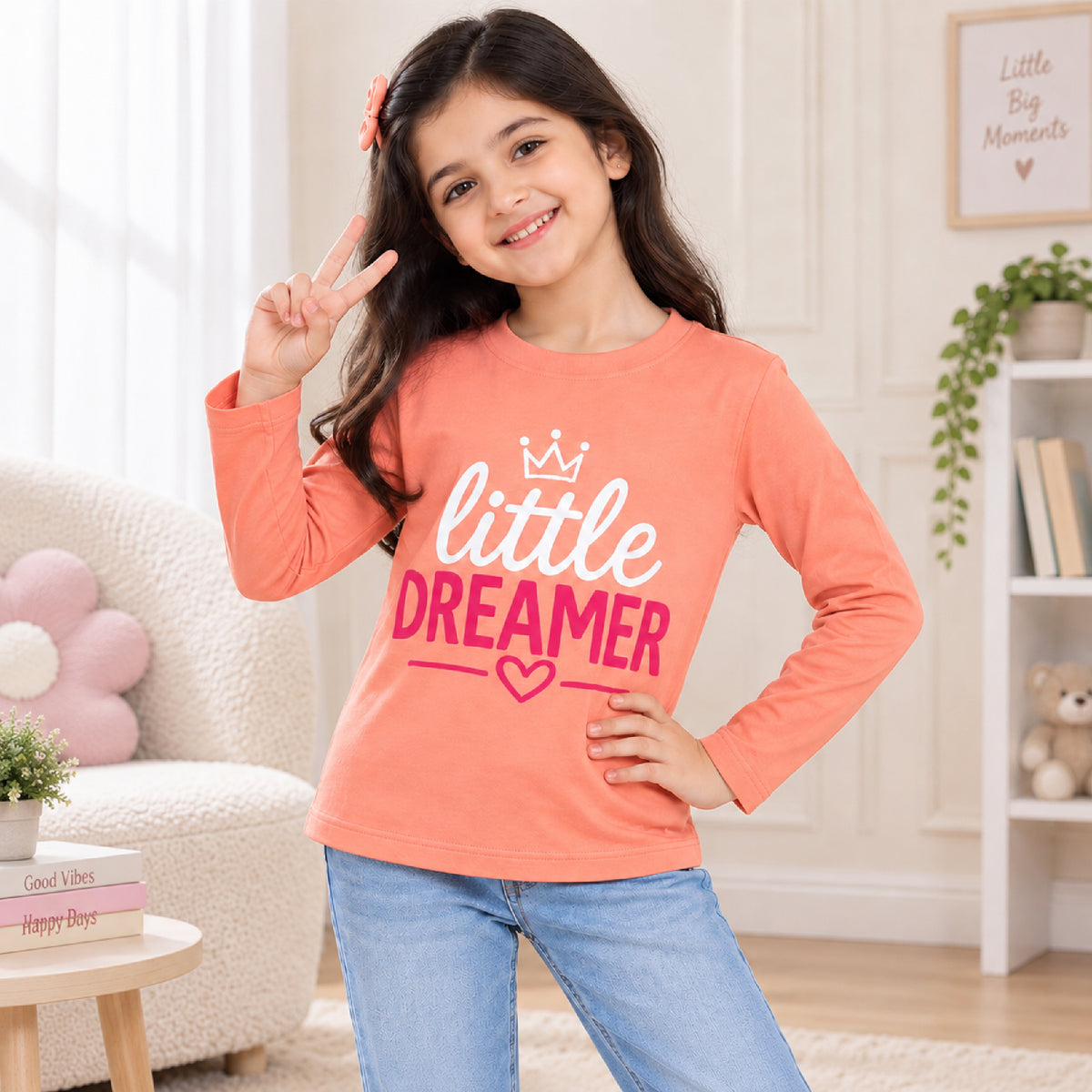 Kuchipoo Girls Cotton Printed T-Shirts | Full Sleeve Round Neck | Soft & Comfortable Casual Wear for Kids | Pack of 5