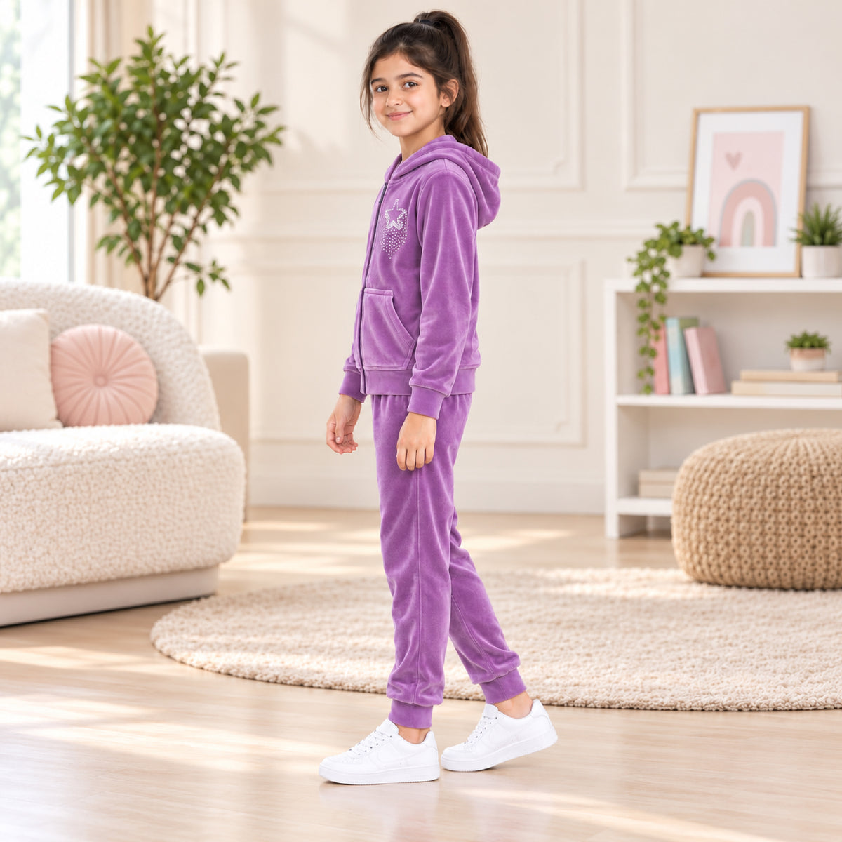 Kuchipoo Girls Velvet Zipper Hooded Sweatshirt & Jogger Set | Soft Velour Zip-Up Hoodie with Kangaroo Pockets & Pajama | Warm Full Sleeve Winterwear