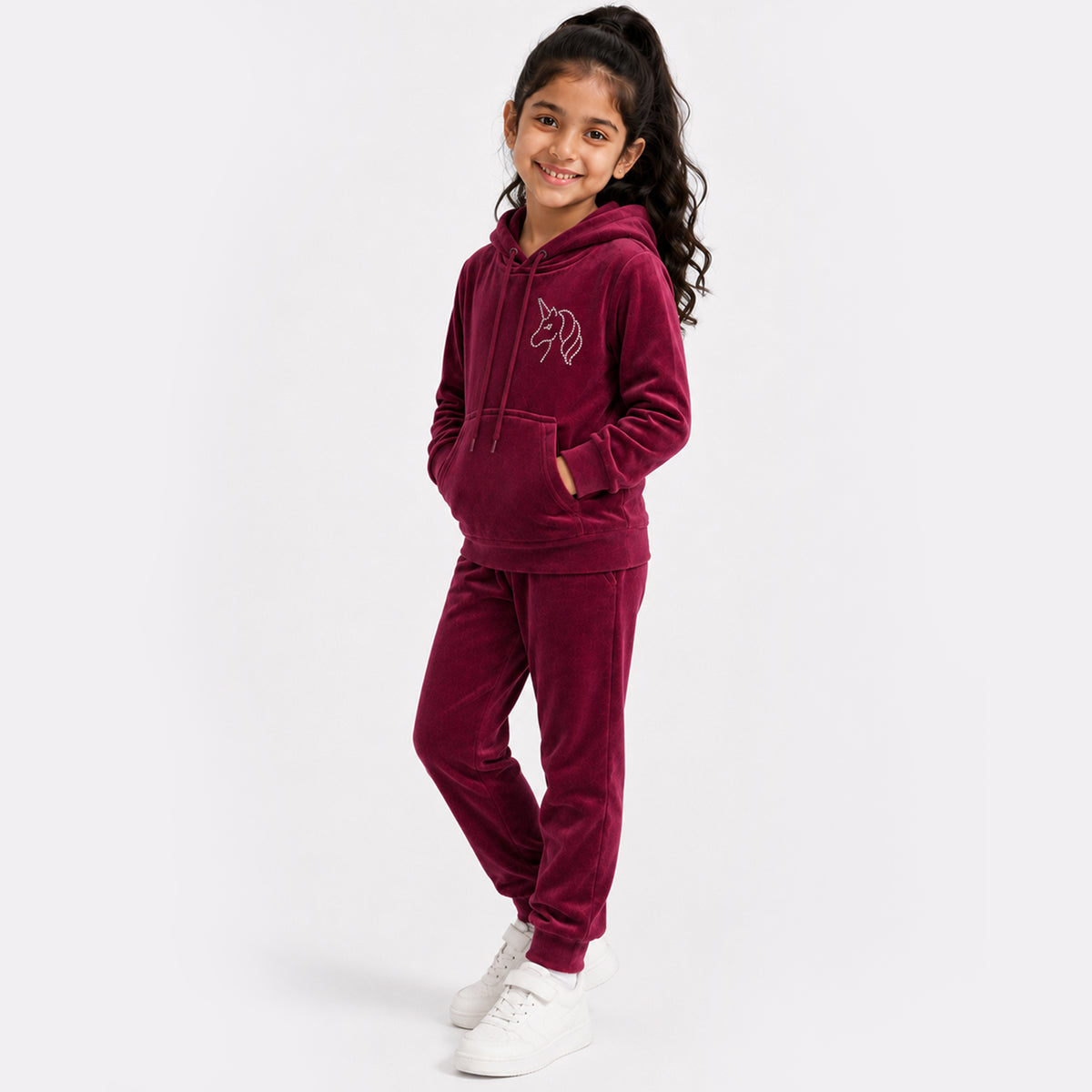 Kuchipoo Girls Velvet Night Suit Set with Hood and Front Pocket | Full Sleeve Winter Pajama Set | Warm & Soft Winterwear for Girls