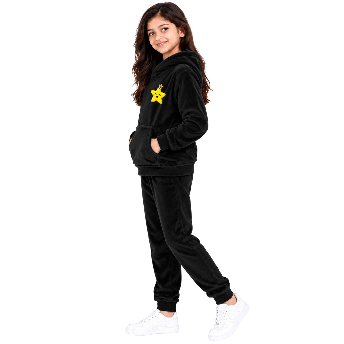 Kuchipoo Girls Velvet Hooded Sweatshirt & Jogger Set | Soft Velour Hoodie with Kangaroo Pocket & Pajama | Warm Full Sleeve Winterwear