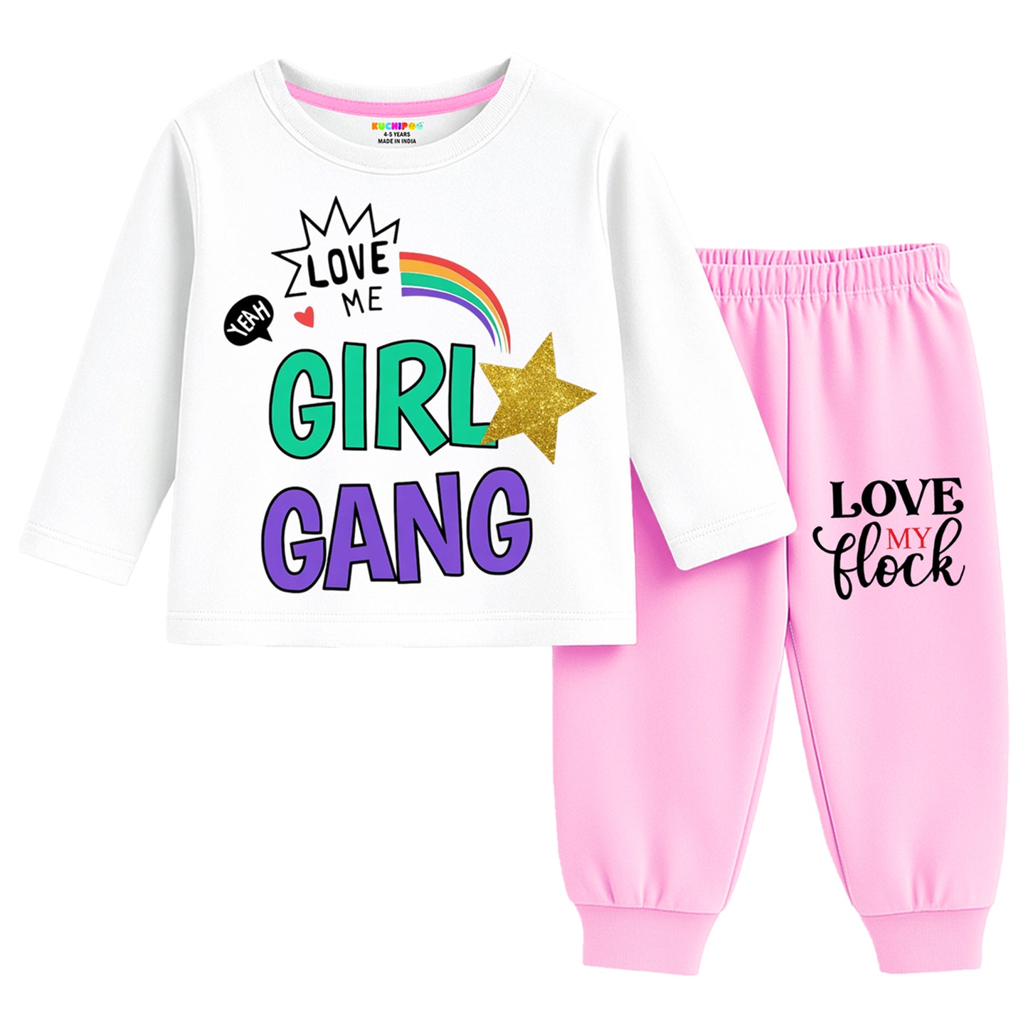 Kuchipoo Girls Regular Fit Cotton T-Shirts and Pyjamas Clothing Set-Pack of 3