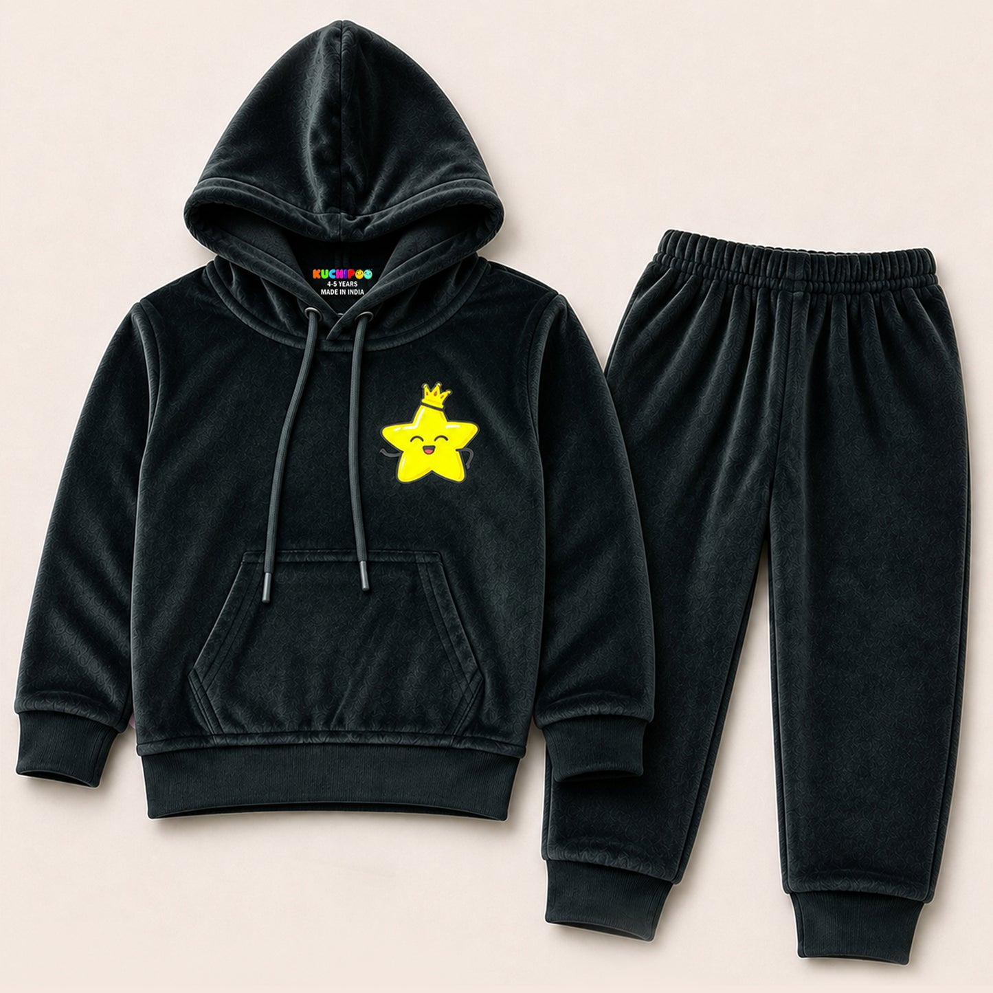 Kuchipoo Girls Velvet Hooded Sweatshirt & Jogger Set | Soft Velour Hoodie with Kangaroo Pocket & Pajama | Warm Full Sleeve Winterwear