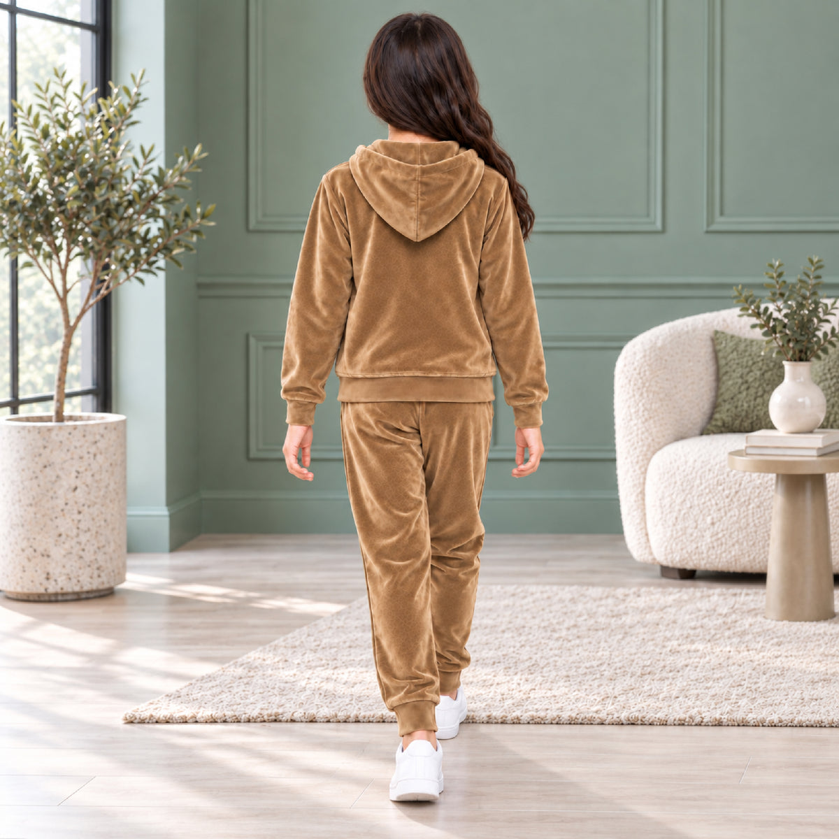Kuchipoo Girls Velvet Zipper Hooded Sweatshirt & Jogger Set | Soft Velour Zip-Up Hoodie with Kangaroo Pockets & Pajama | Warm Full Sleeve Winterwear