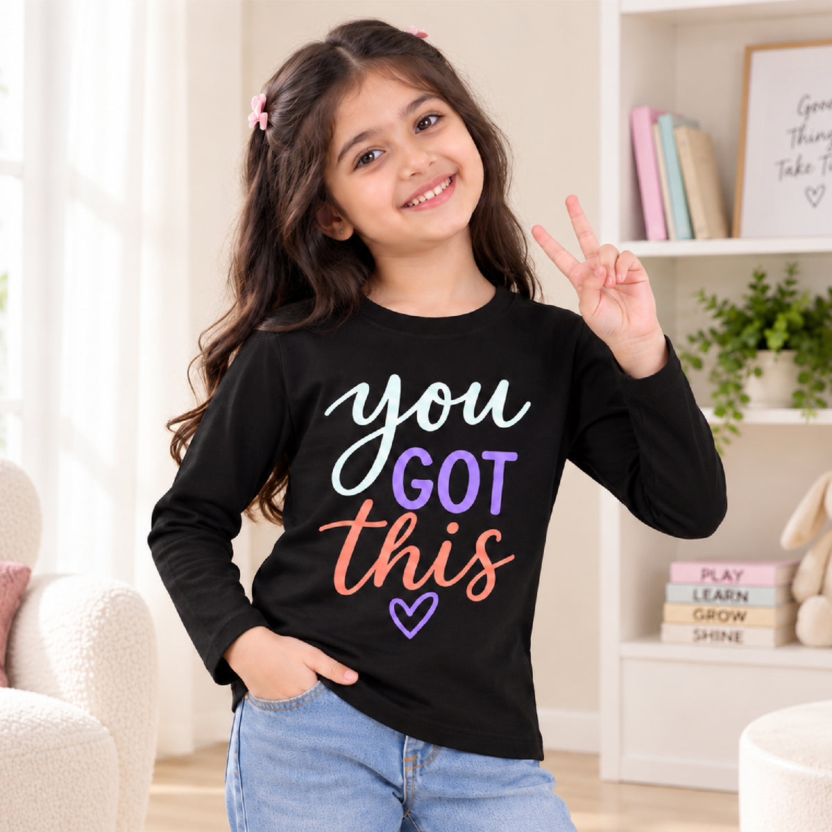 Kuchipoo Girls Cotton Printed T-Shirts | Full Sleeve Round Neck | Soft & Comfortable Casual Wear for Kids | Pack of 5