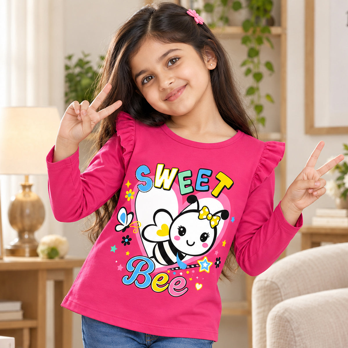 Kuchipoo Girls Cotton Printed T-Shirts | Full Sleeves with Frill Shoulders | Soft & Comfortable Casual Wear for Kids | Pack of 4