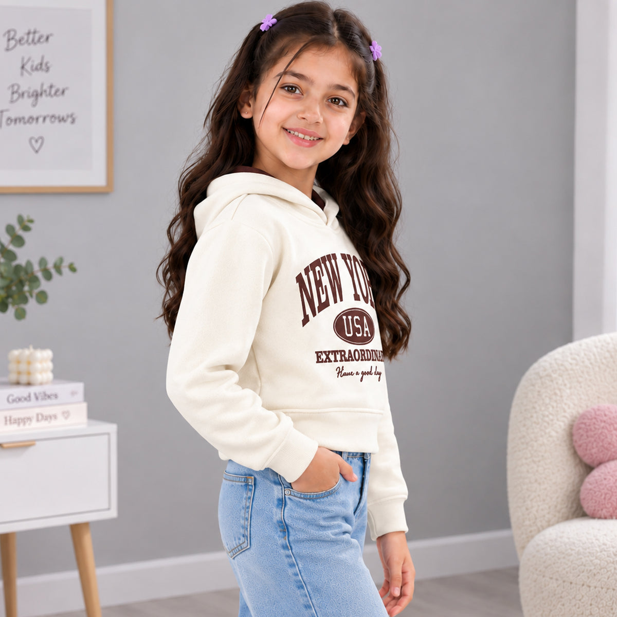 Kuchipoo Girls Printed Crop Hoodie | Full Sleeve Hooded Sweatshirt | Soft & Comfortable Casual Winter Wear for Kids