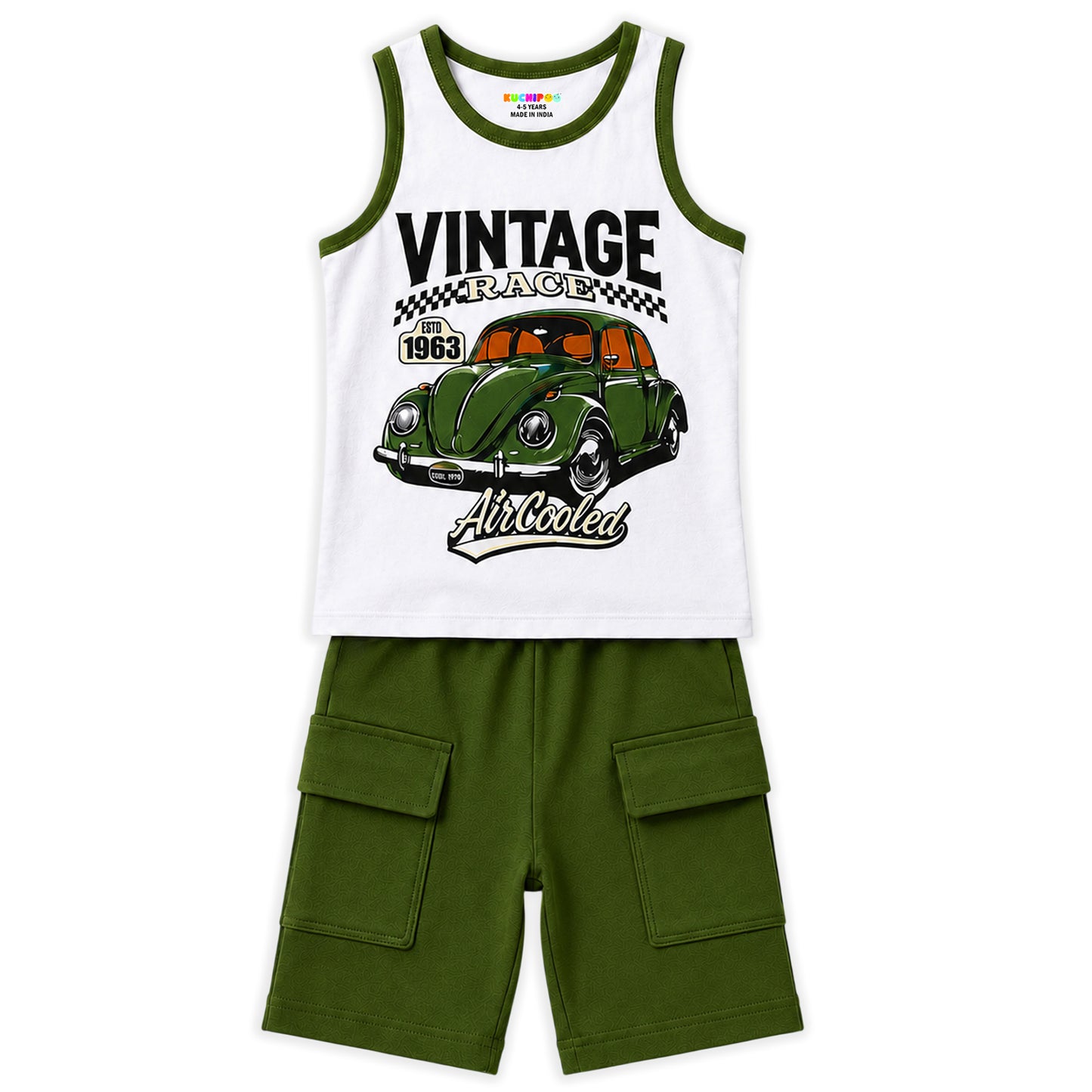 Kuchipoo Boys Cotton Sleeveless T-Shirt & Cargo Shorts Set | Trendy Graphic Print Summer Wear | Soft & Breathable Kids Clothing Combo with Cargo Pockets | Pack of 2