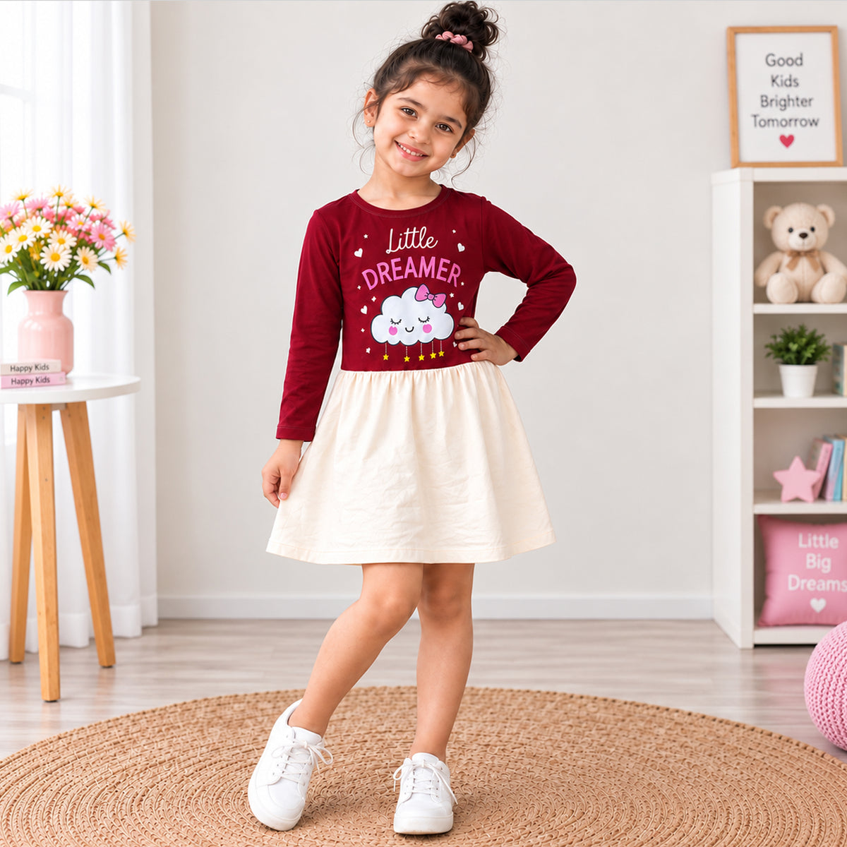 Kuchipoo Girls Cotton Printed Dresses Pack of 3 | Full Sleeve Round Neck Casual Frocks | Soft & Comfortable Everyday Wear for Kids