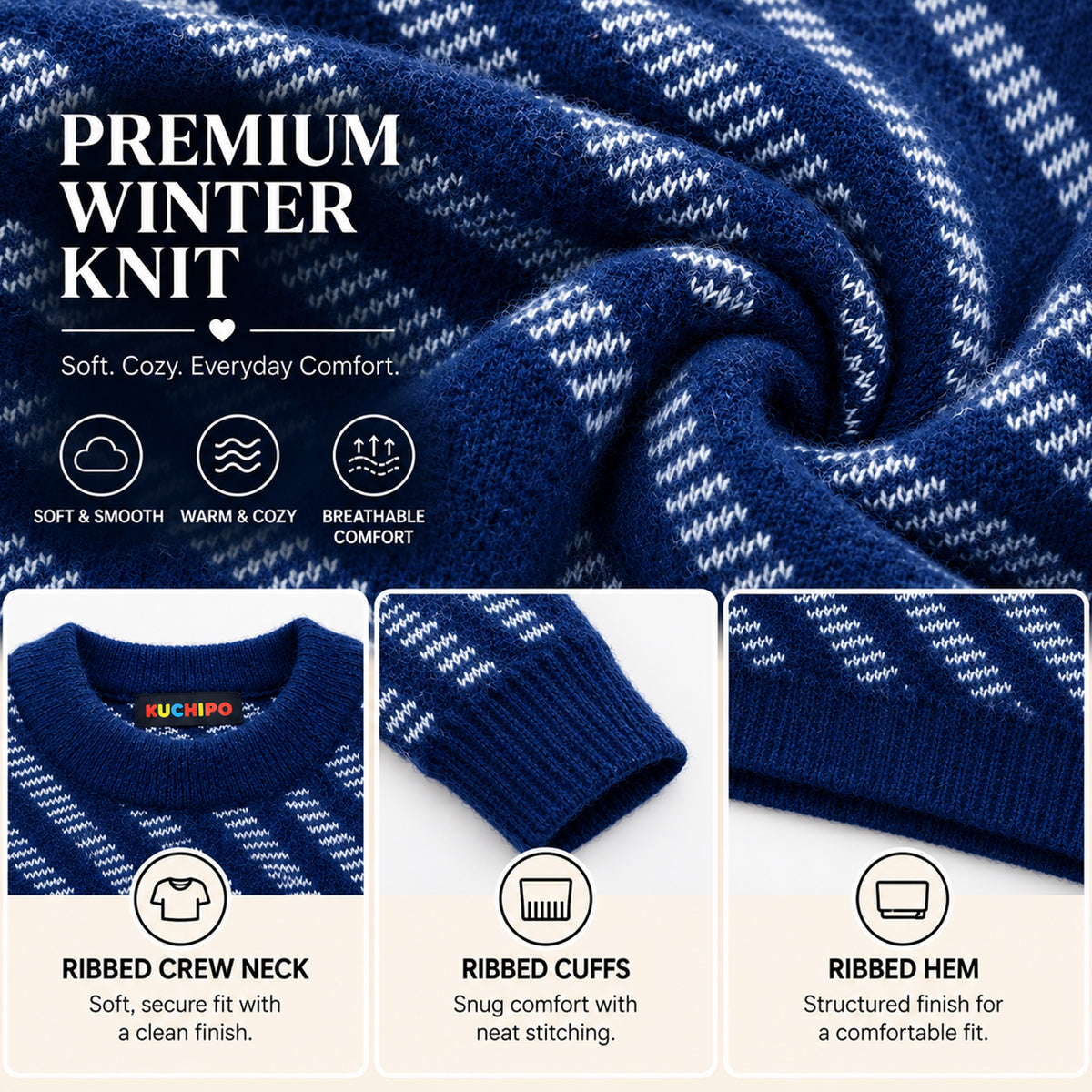 Kuchipoo Boys' Winter Wear Knitted Sweater | Full Sleeves Warm Pullover | Casual & Stylish Kids' Jumper