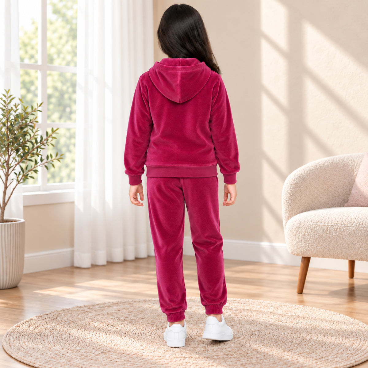 Kuchipoo Girls Velvet Zipper Hooded Sweatshirt & Jogger Set | Soft Velour Zip-Up Hoodie with Kangaroo Pockets & Pajama | Warm Full Sleeve Winterwear