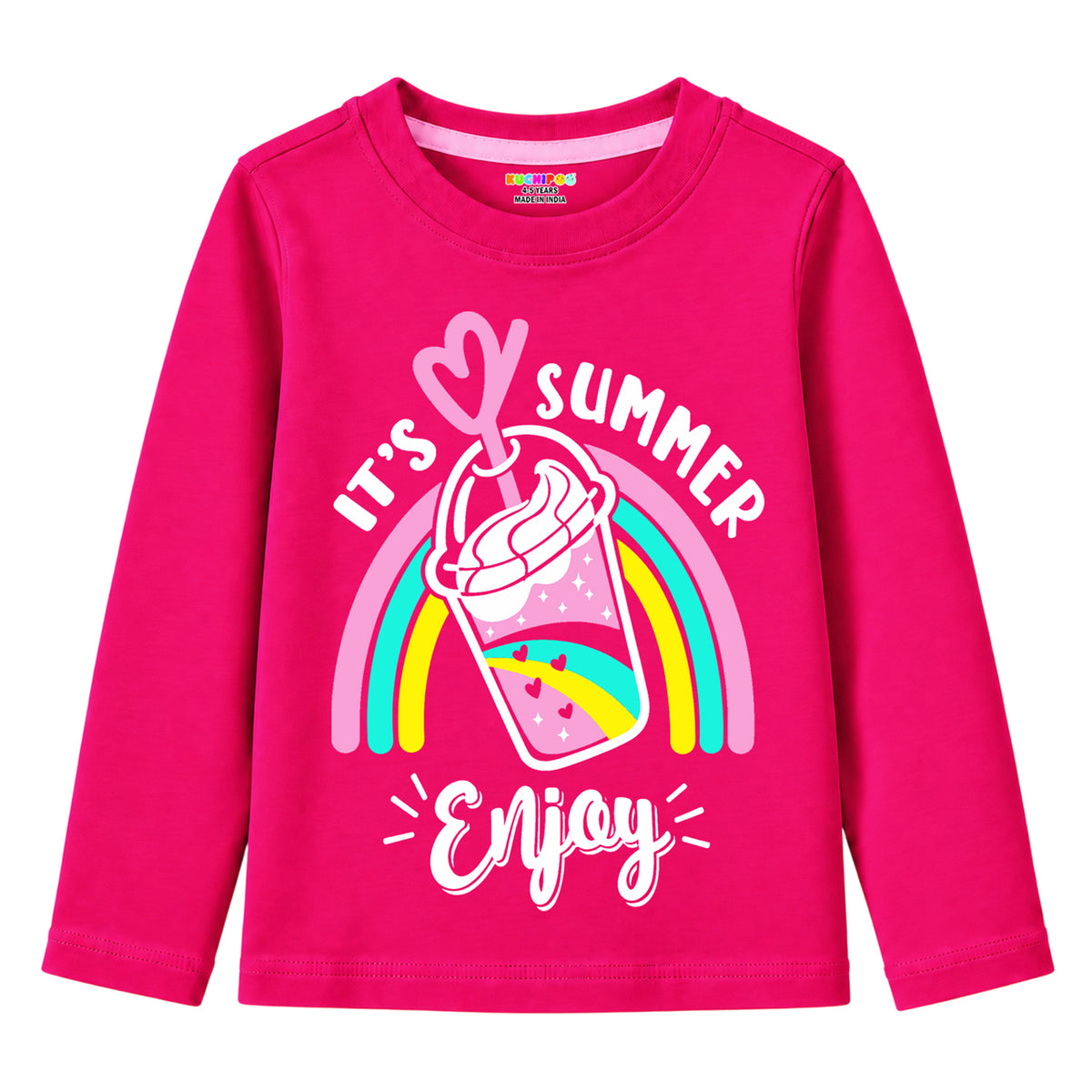 Kuchipoo Girls Cotton Printed T-Shirts | Full Sleeve Round Neck | Soft & Comfortable Casual Wear for Kids | Pack of 5