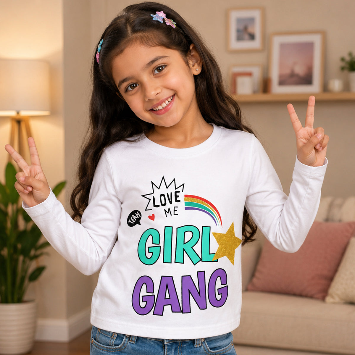 Kuchipoo Girls Cotton Printed T-Shirts | Full Sleeve Round Neck | Soft & Comfortable Casual Wear for Kids | Pack of 5